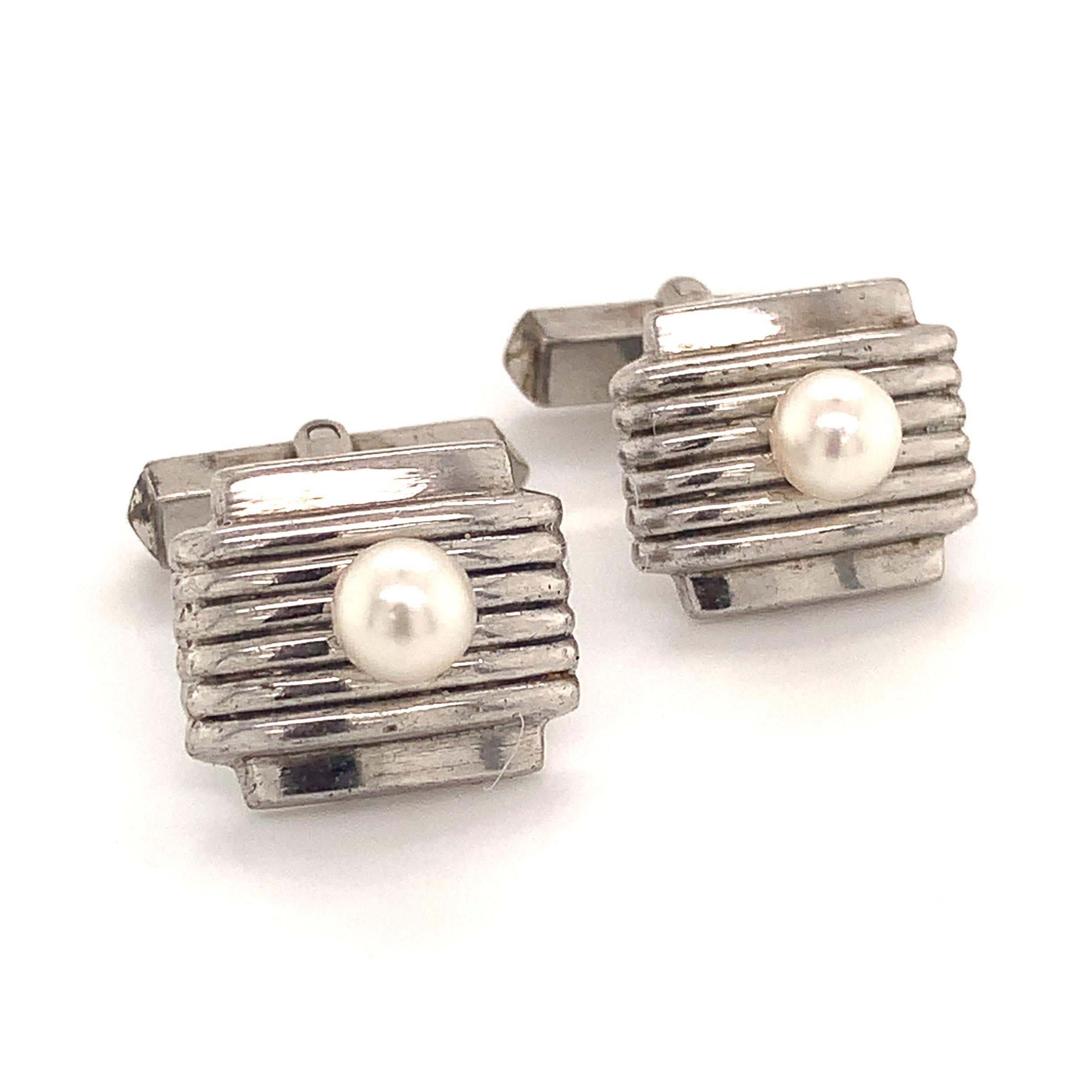 Mikimoto Estate Akoya Pearl Cufflinks Sterling Silver 7.56 Grams In Good Condition In Brooklyn, NY
