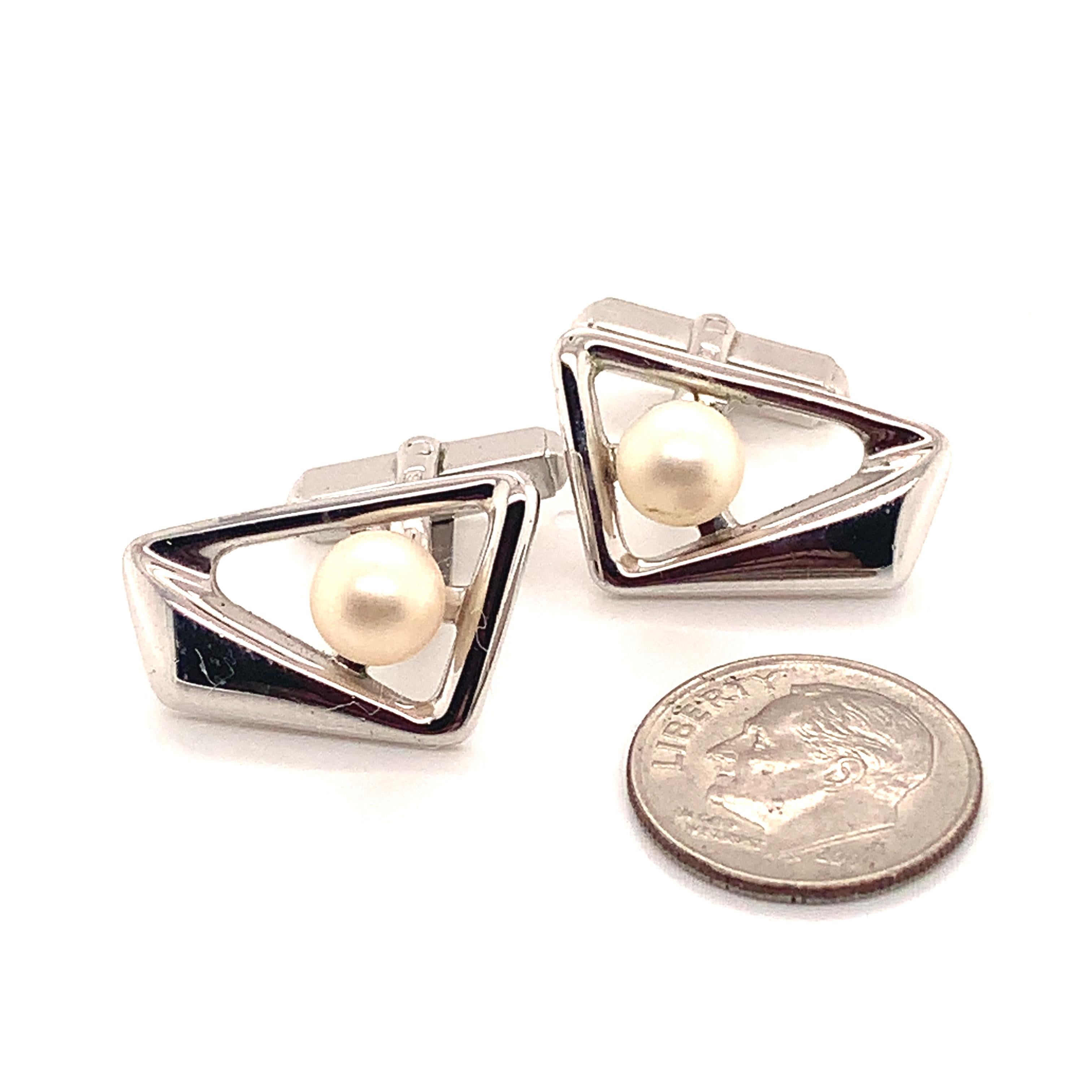 Round Cut Mikimoto Estate Akoya Pearl Cufflinks Sterling Silver 7 mm 10.35 Grams