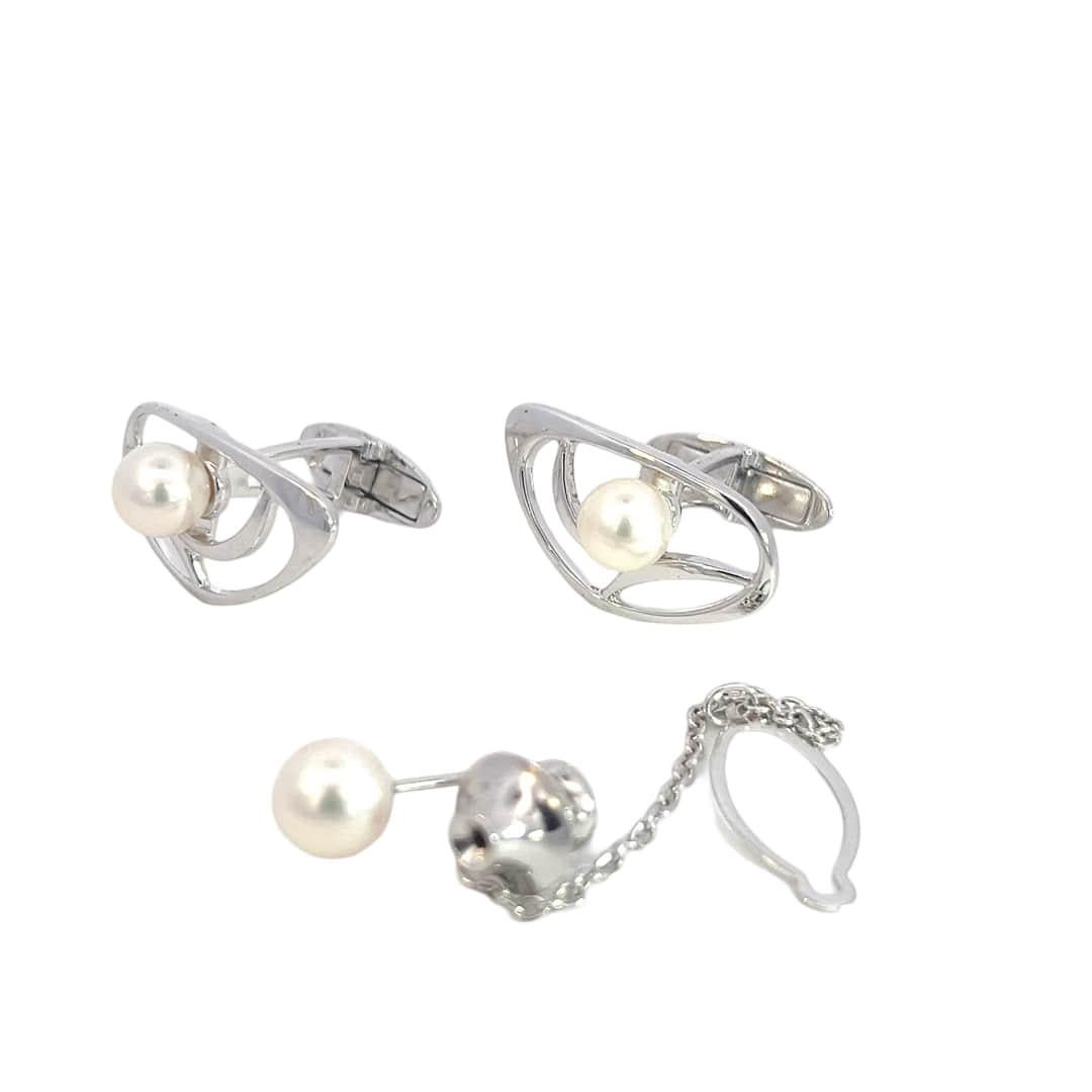 Ball Cut Mikimoto Estate Akoya Pearl Cufflinks + Tie Pin Set Sterling Silver 6.75 mm For Sale