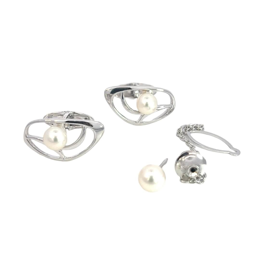 Mikimoto Estate Akoya Pearl Cufflinks + Tie Pin Set Sterling Silver 6.75 mm In Good Condition For Sale In Brooklyn, NY