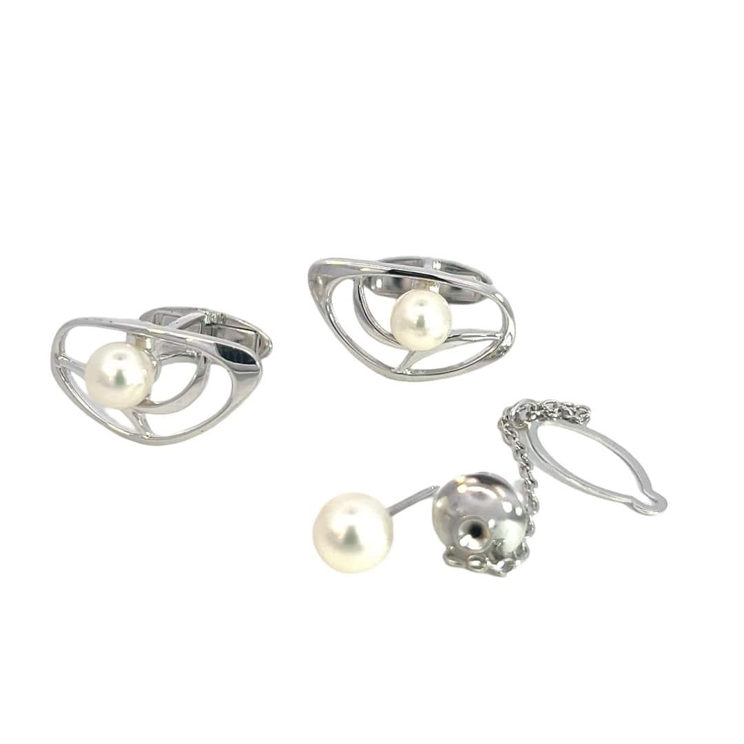 Men's Mikimoto Estate Akoya Pearl Cufflinks + Tie Pin Set Sterling Silver 6.75 mm For Sale