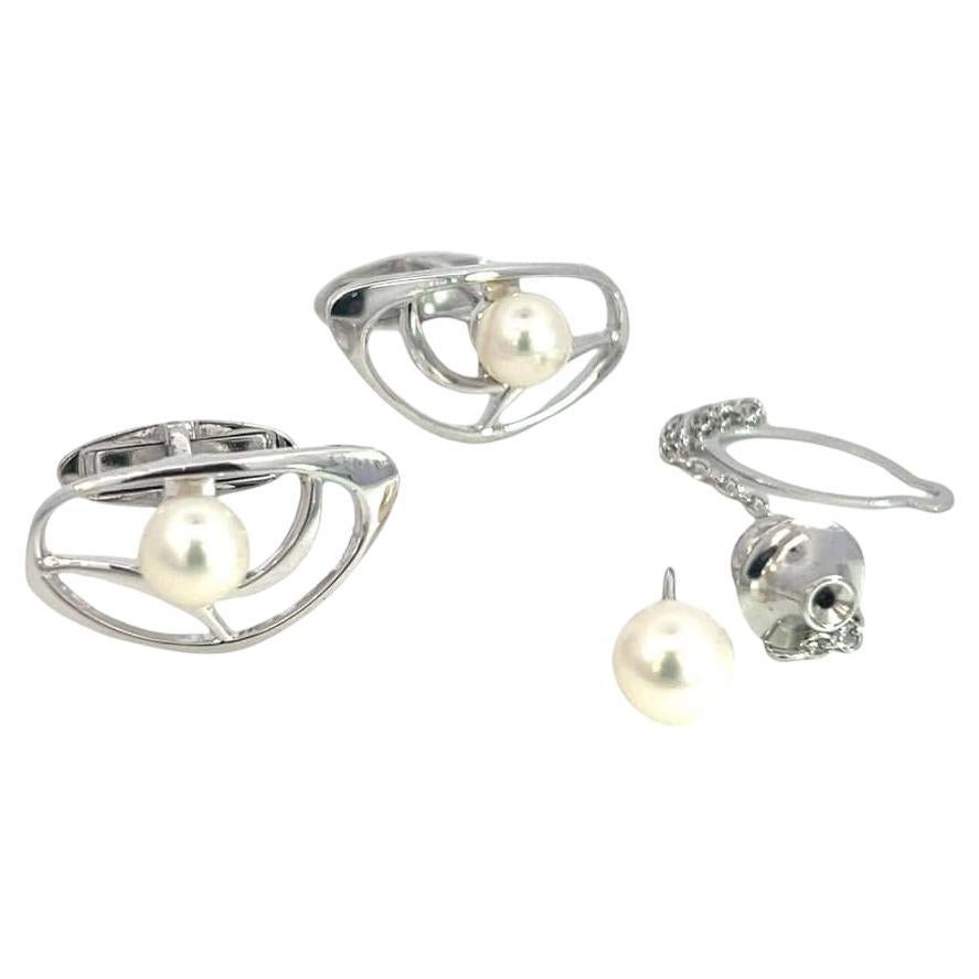 Mikimoto Estate Akoya Pearl Cufflinks + Tie Pin Set Sterling Silver 6.75 mm For Sale