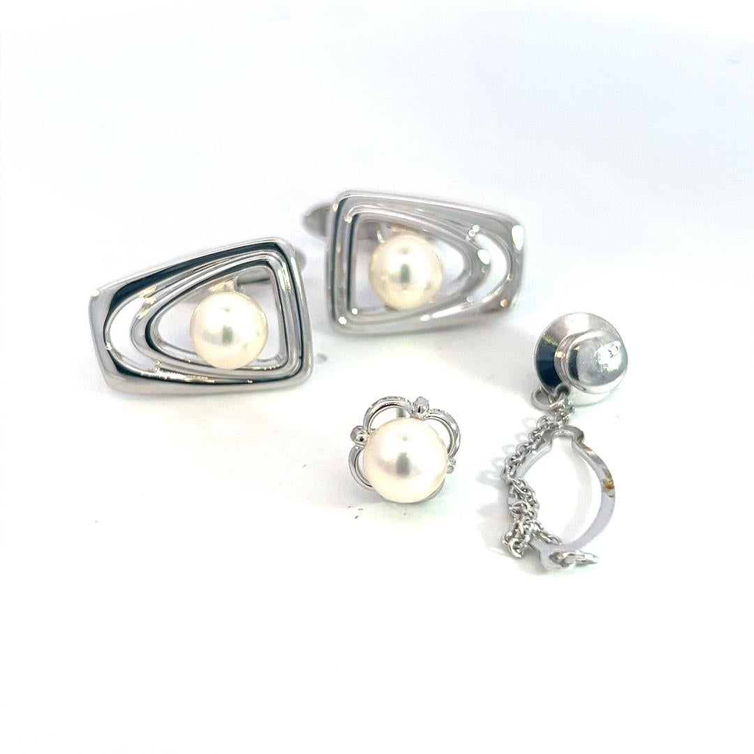 Round Cut Mikimoto Estate Akoya Pearl Cufflinks + Tie Pin Set Sterling Silver 7.20 mm For Sale