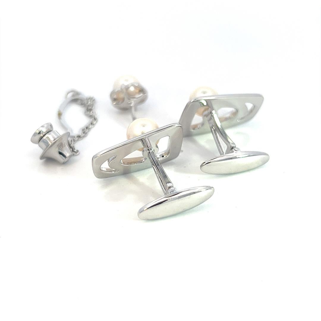 Mikimoto Estate Akoya Pearl Cufflinks + Tie Pin Set Sterling Silver 7.20 mm In Good Condition For Sale In Brooklyn, NY