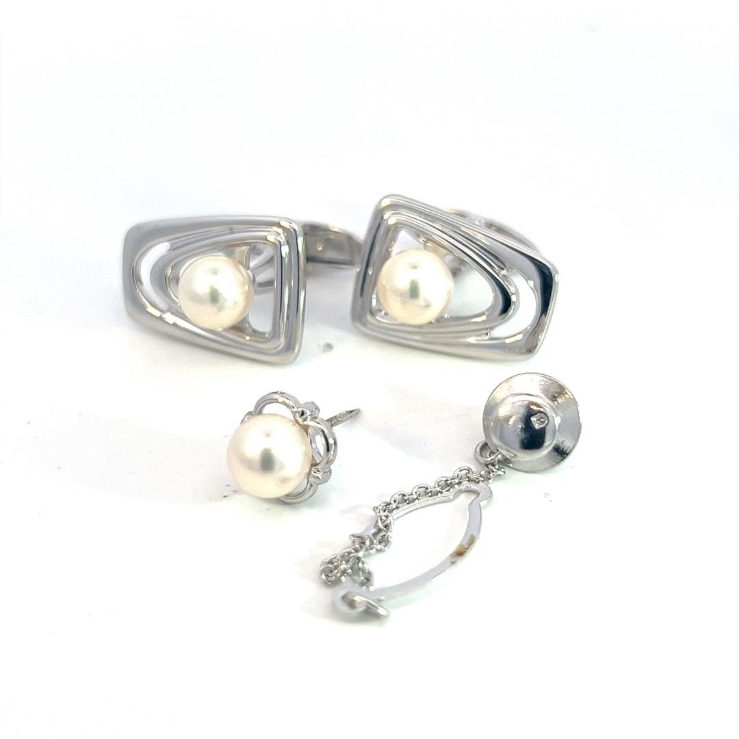 Mikimoto Estate Akoya Pearl Cufflinks + Tie Pin Set Sterling Silver 7.20 mm For Sale 1