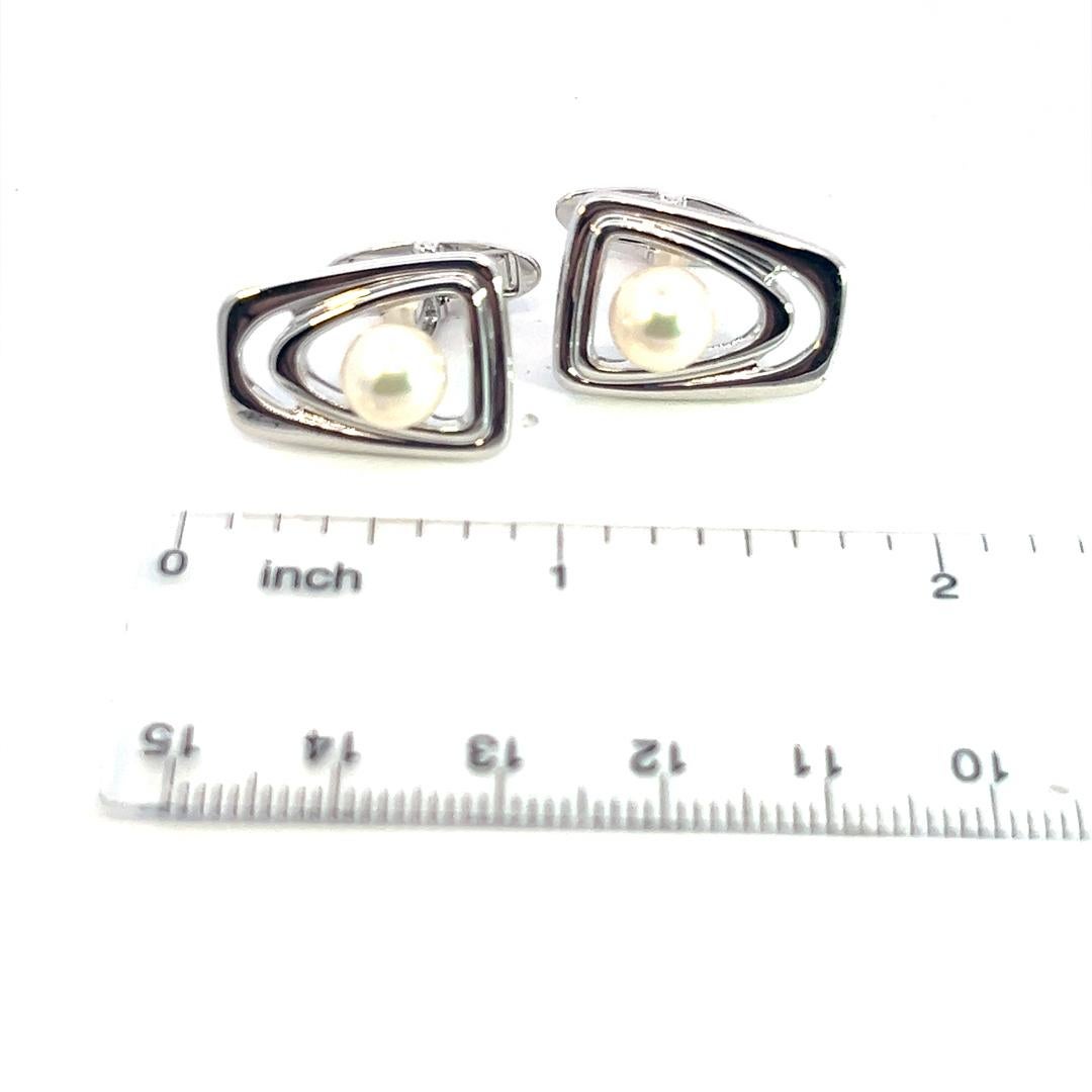 Mikimoto Estate Akoya Pearl Cufflinks + Tie Pin Set Sterling Silver 7.20 mm For Sale 2