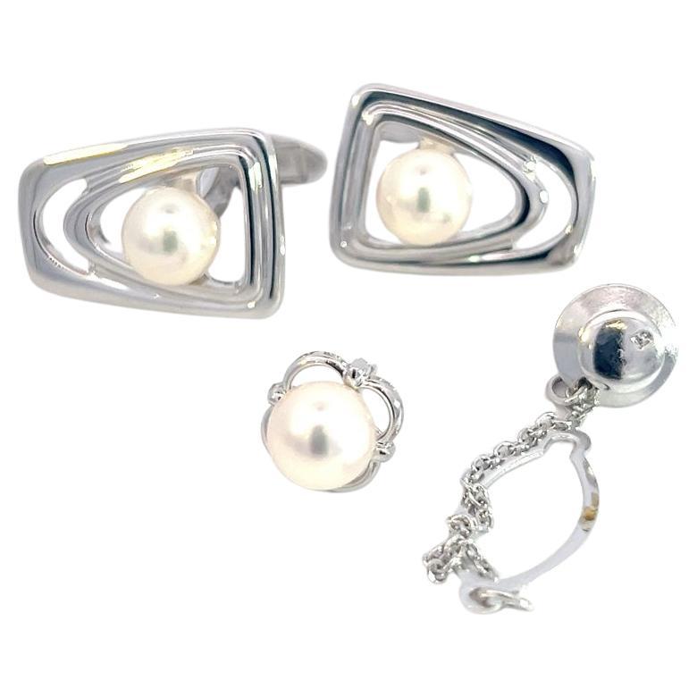 Mikimoto Estate Akoya Pearl Cufflinks + Tie Pin Set Sterling Silver 7.20 mm