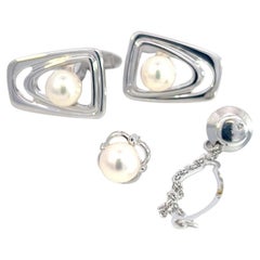 Mikimoto Estate Akoya Pearl Cufflinks + Tie Pin Set Sterling Silver 7.20 mm