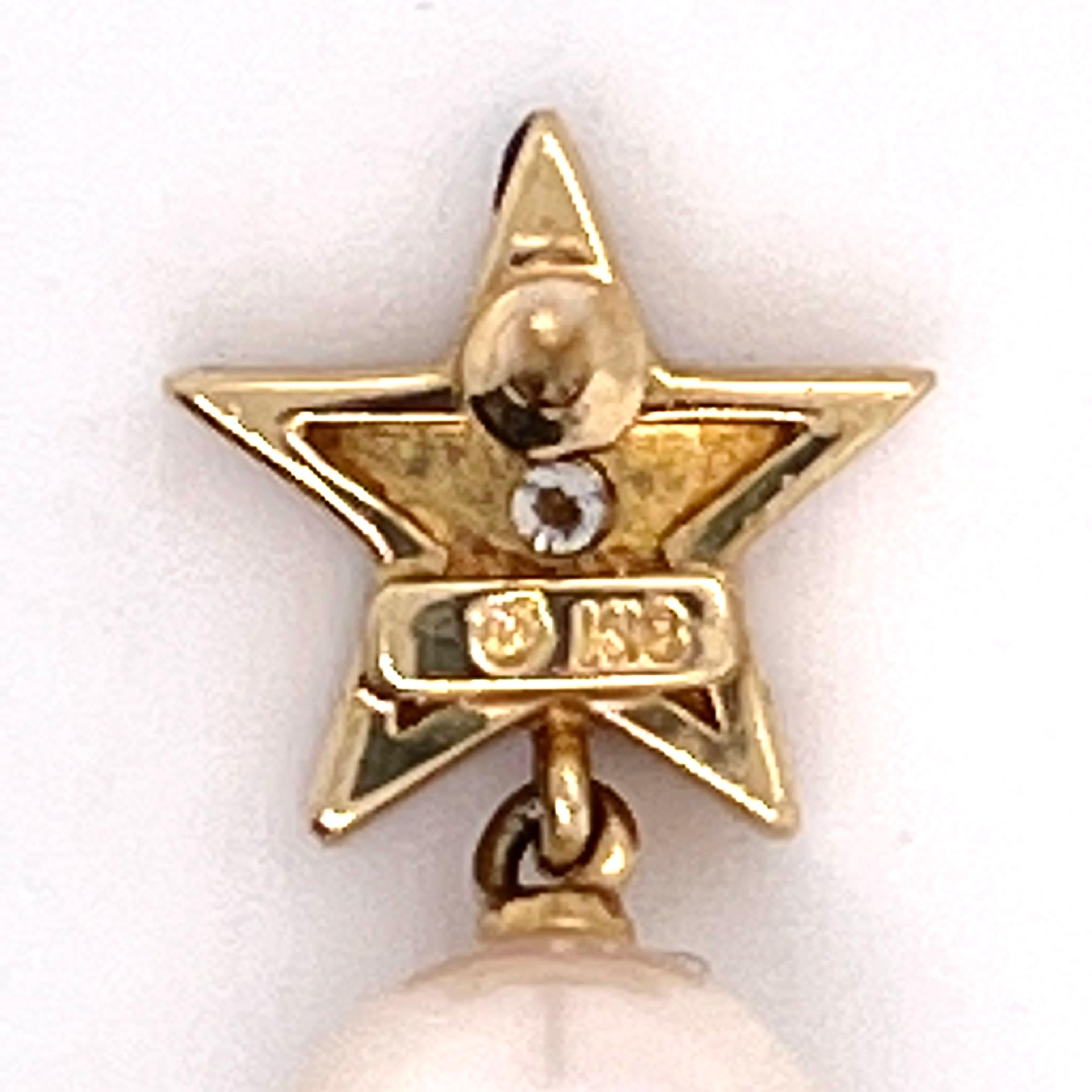 Ball Cut Mikimoto Estate Akoya Pearl Diamond Tie Pin 18k Y Gold 0.05 Carat For Sale
