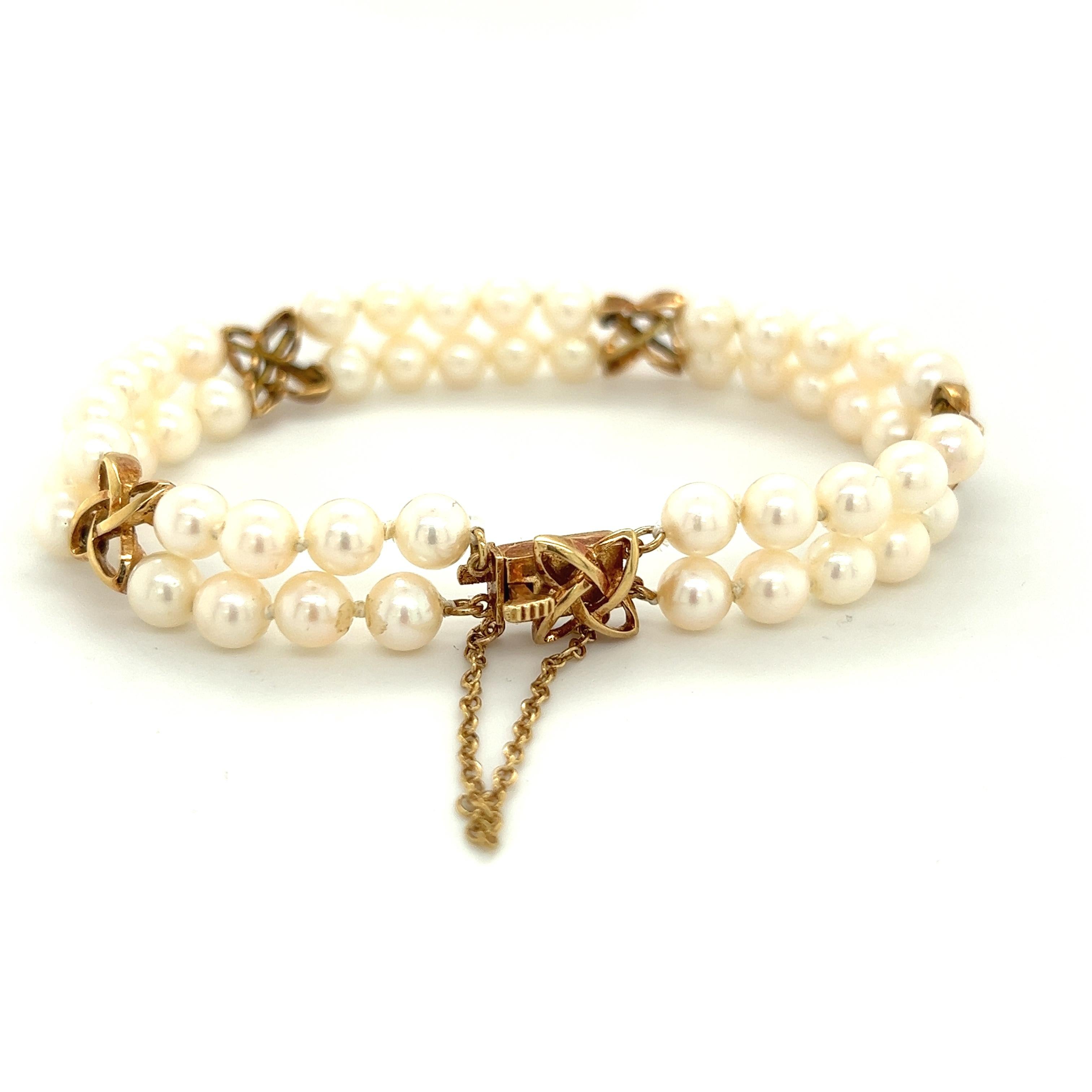 Mikimoto Estate Akoya Pearl Double Strand Bracelet 14k Gold For Sale 1