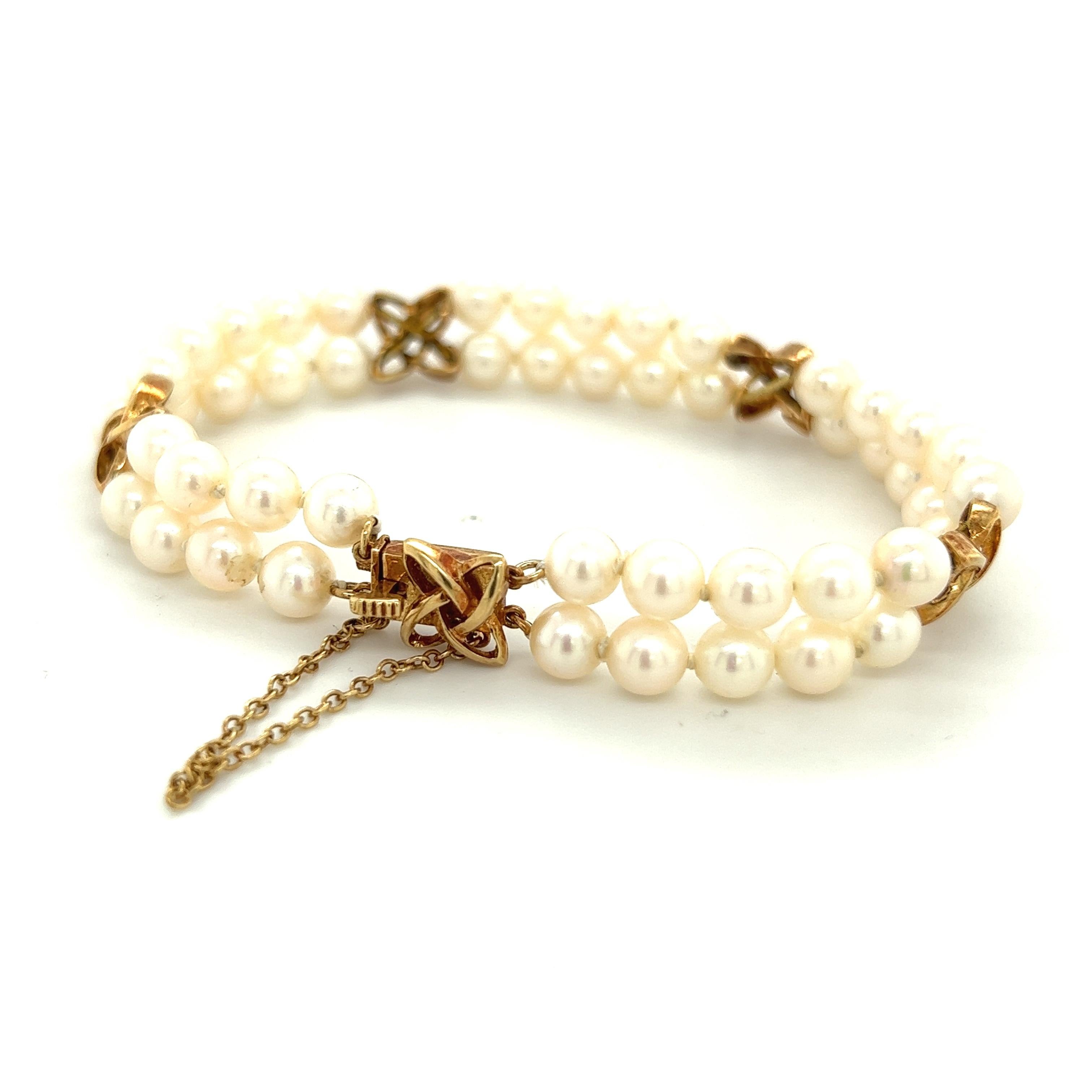 Mikimoto Estate Akoya Pearl Double Strand Bracelet 14k Gold For Sale 3