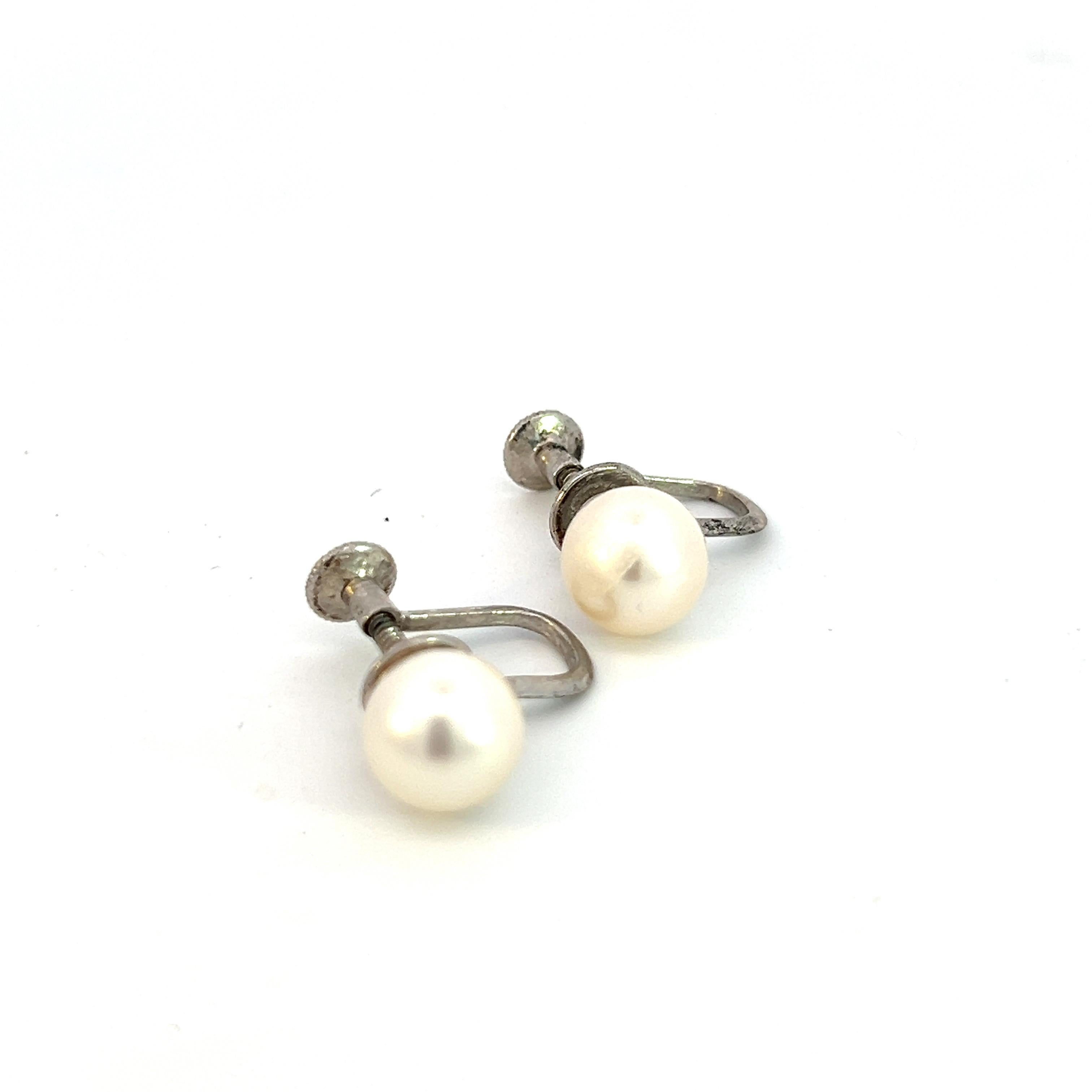 Round Cut Mikimoto Estate Akoya Pearl Earrings Silver 8 mm