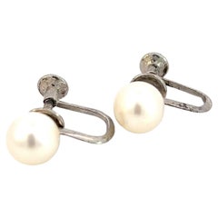 Retro Mikimoto Estate Akoya Pearl Earrings Silver 8 mm