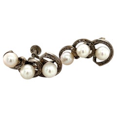Vintage Mikimoto Estate Akoya Pearl Earrings Sterling Silver 5.5 mm 5.1 Grams