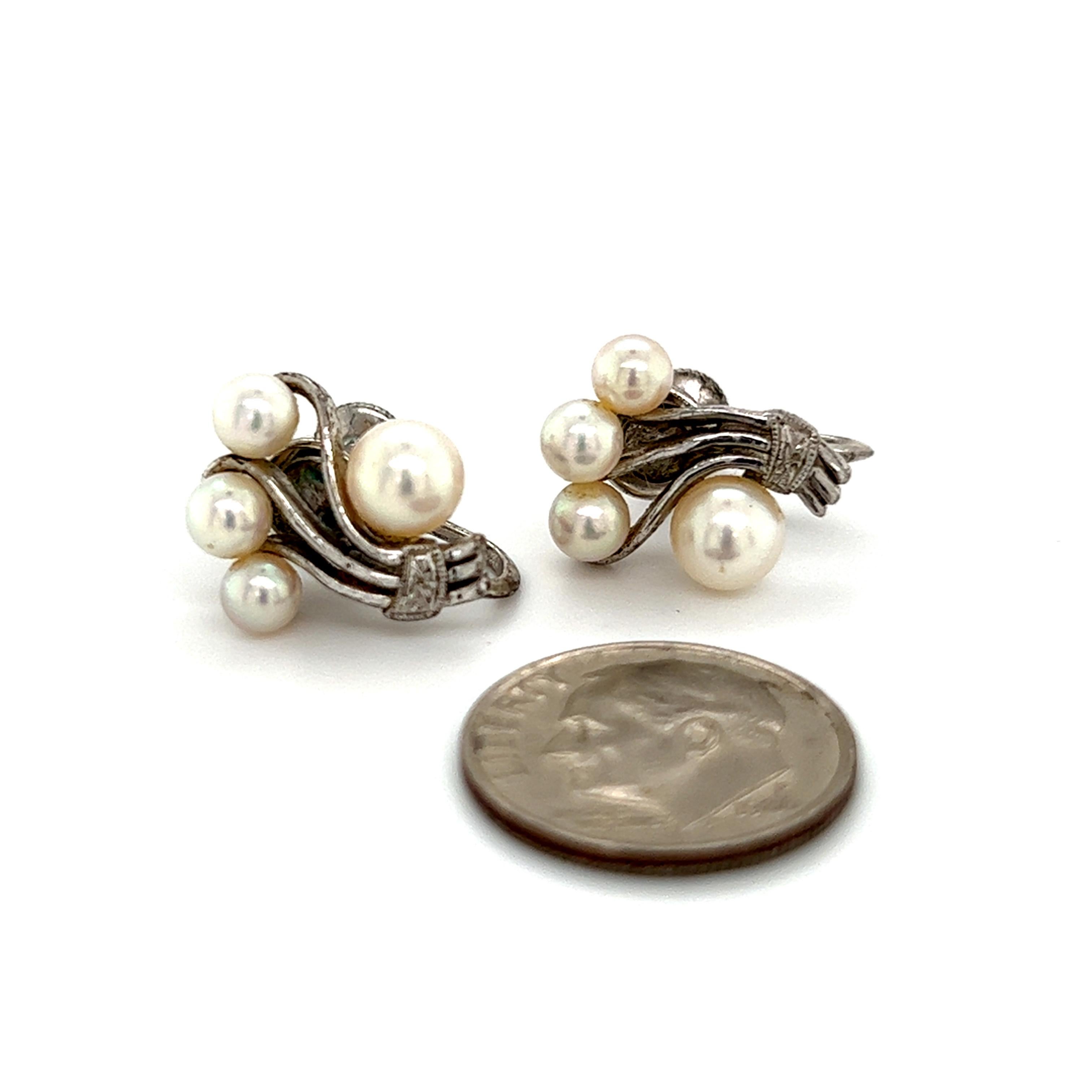 Round Cut Mikimoto Estate Akoya Pearl Earrings Sterling Silver 5.75 mm 4.5 Grams For Sale