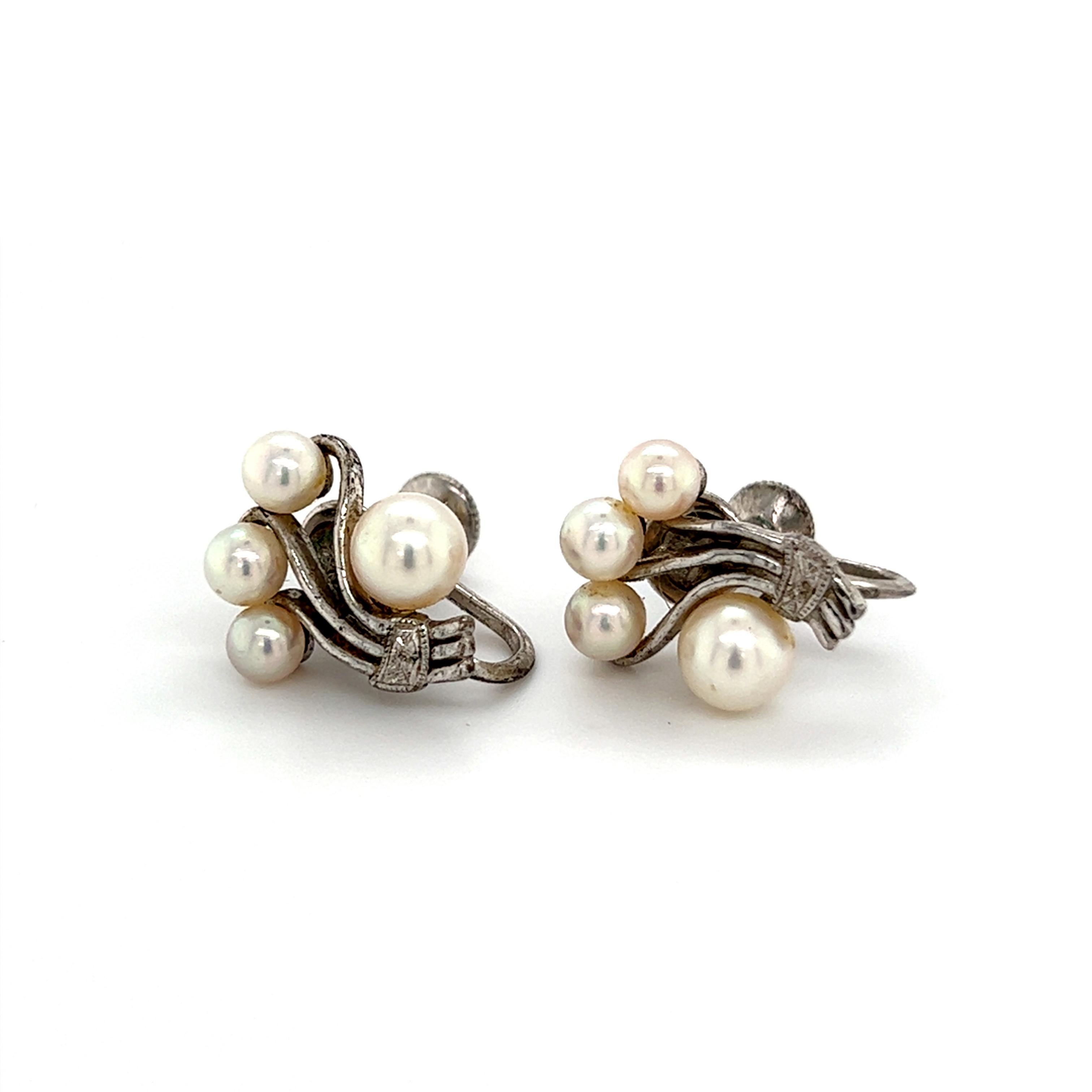 Mikimoto Estate Akoya Pearl Earrings Sterling Silver 5.75 mm 4.5 Grams In Good Condition For Sale In Brooklyn, NY