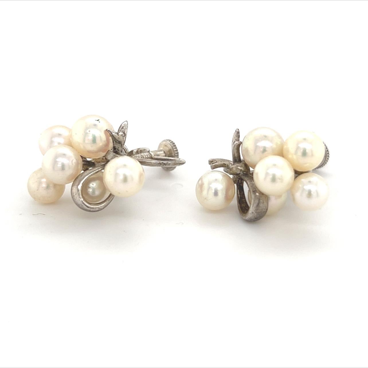 Round Cut Mikimoto Estate Akoya Pearl Earrings Sterling Silver 6.65 mm 7.2 Grams For Sale