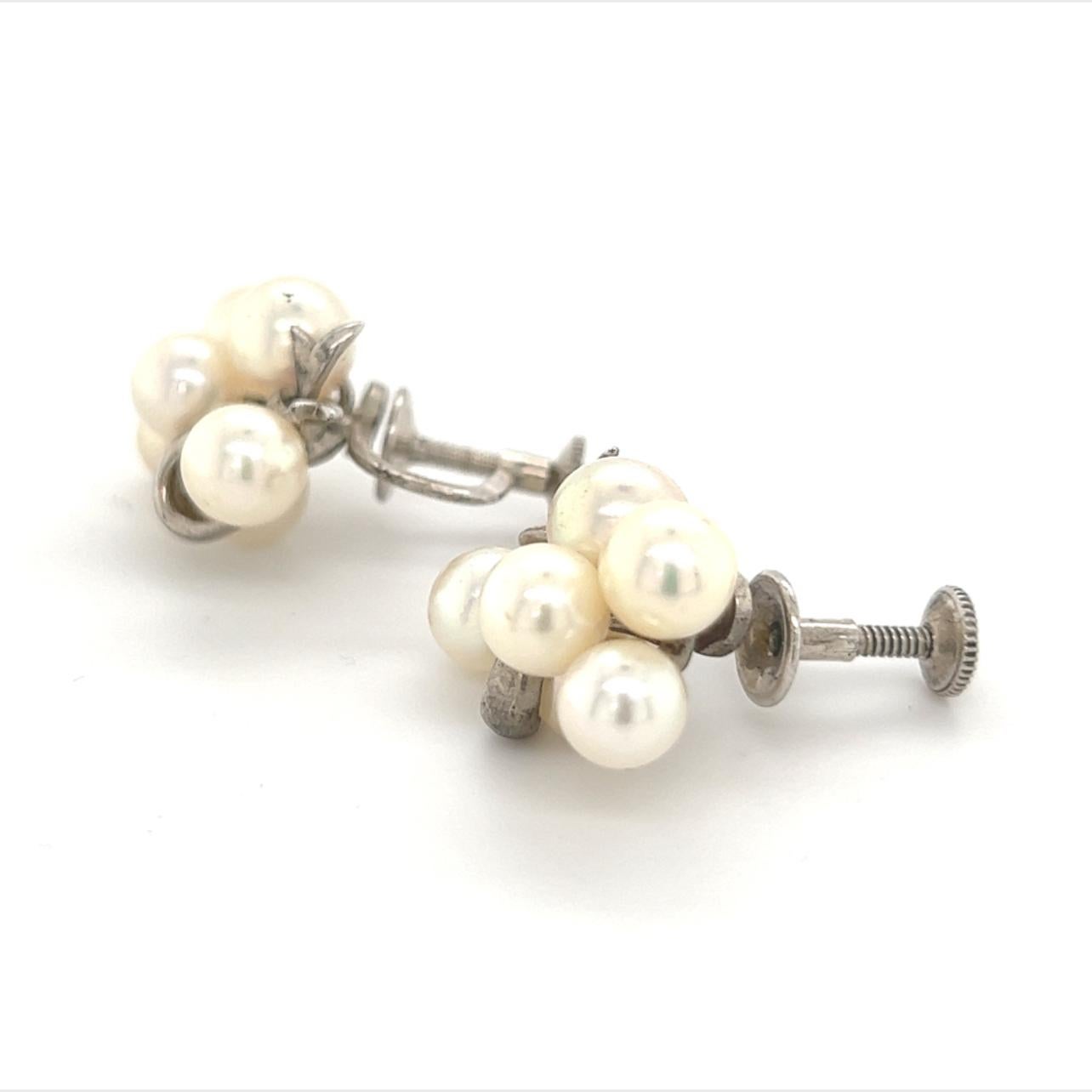 Mikimoto Estate Akoya Pearl Earrings Sterling Silver 6.65 mm 7.2 Grams In Good Condition For Sale In Brooklyn, NY