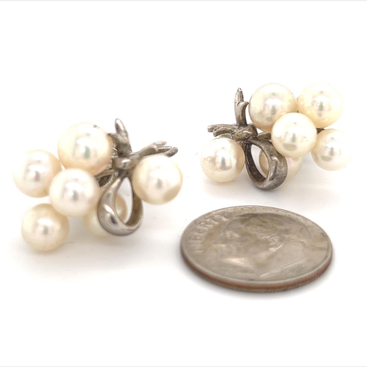 Women's Mikimoto Estate Akoya Pearl Earrings Sterling Silver 6.65 mm 7.2 Grams For Sale