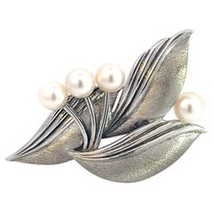 Mikimoto Estate Akoya Pearl Floral Brooch Sterling Silver 5 mm