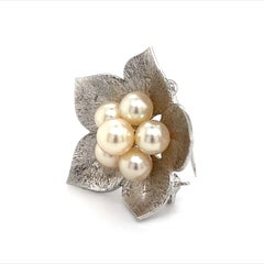 Mikimoto Estate Akoya Pearl Flower Brooch Sterling Silver