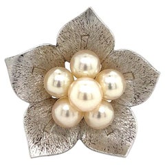 Mikimoto Estate Akoya Pearl Flower Brooch Sterling Silver