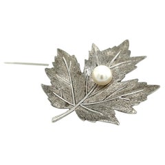 Mikimoto Estate Akoya Pearl Leaf Brooch Pin Sterling Silver