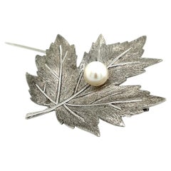 Mikimoto Estate Akoya Pearl Leaf Brooch Pin Sterling Silver