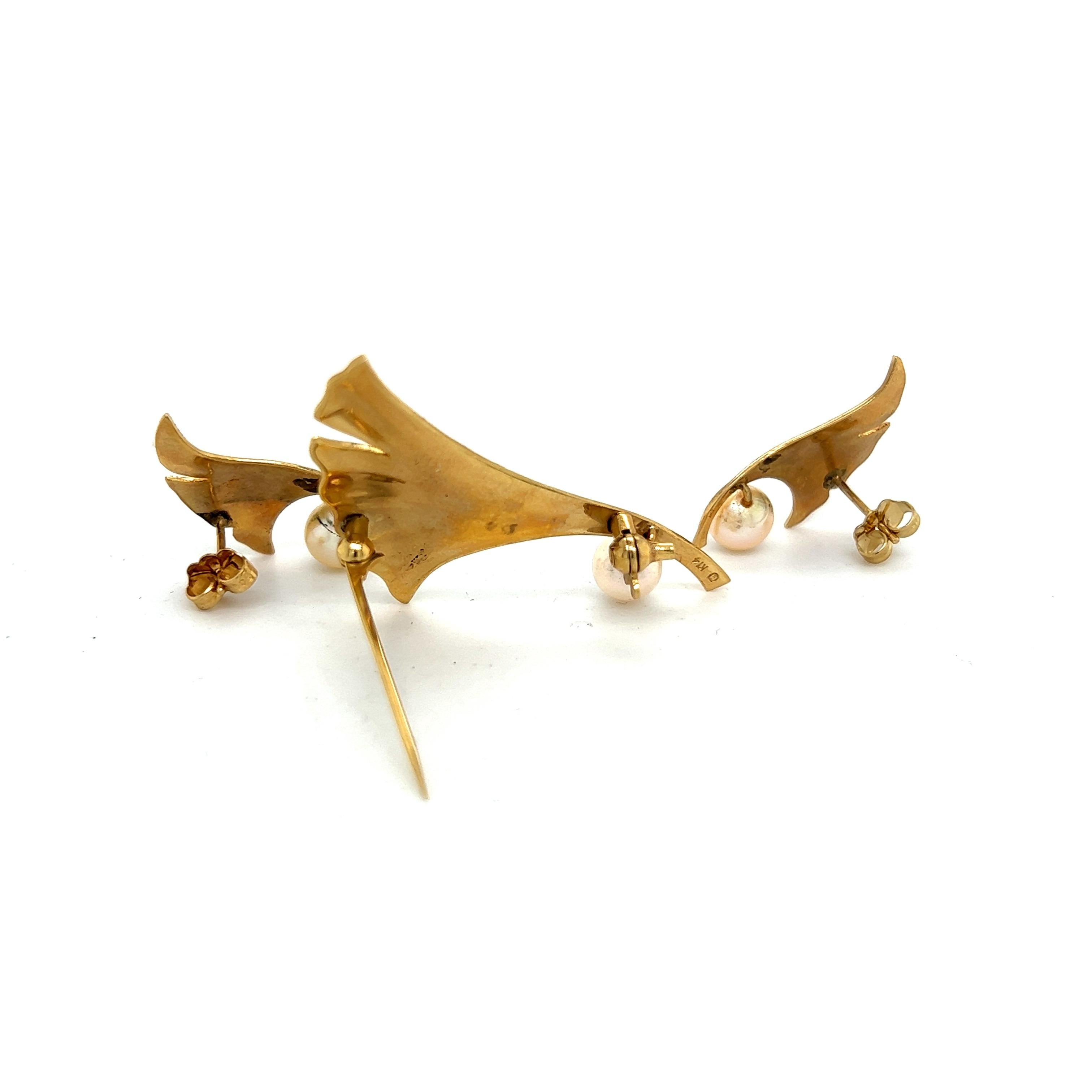 Ball Cut Mikimoto Estate Akoya Pearl Leaf Earrings + Brooch Pin Set 14k Gold