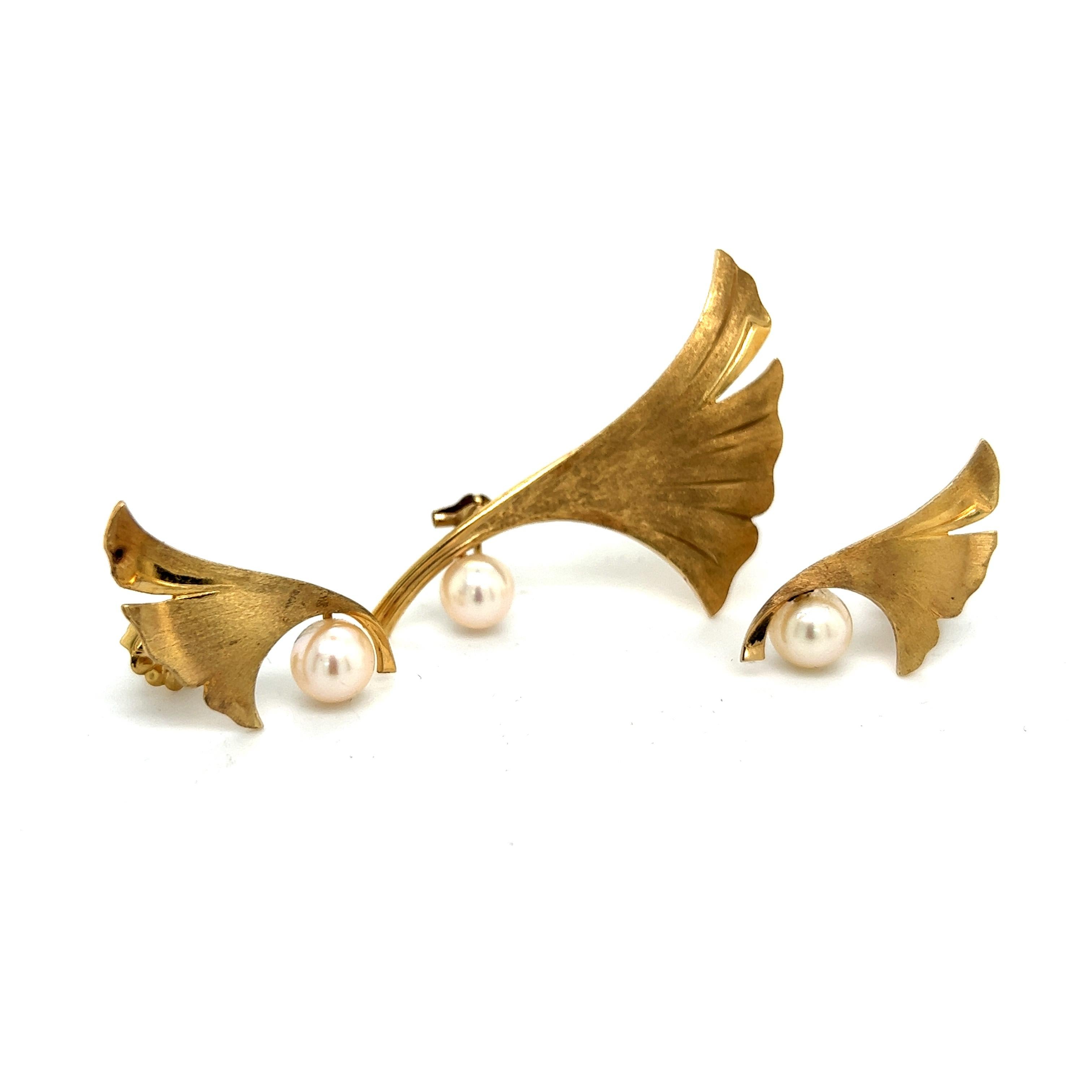 Women's Mikimoto Estate Akoya Pearl Leaf Earrings + Brooch Pin Set 14k Gold