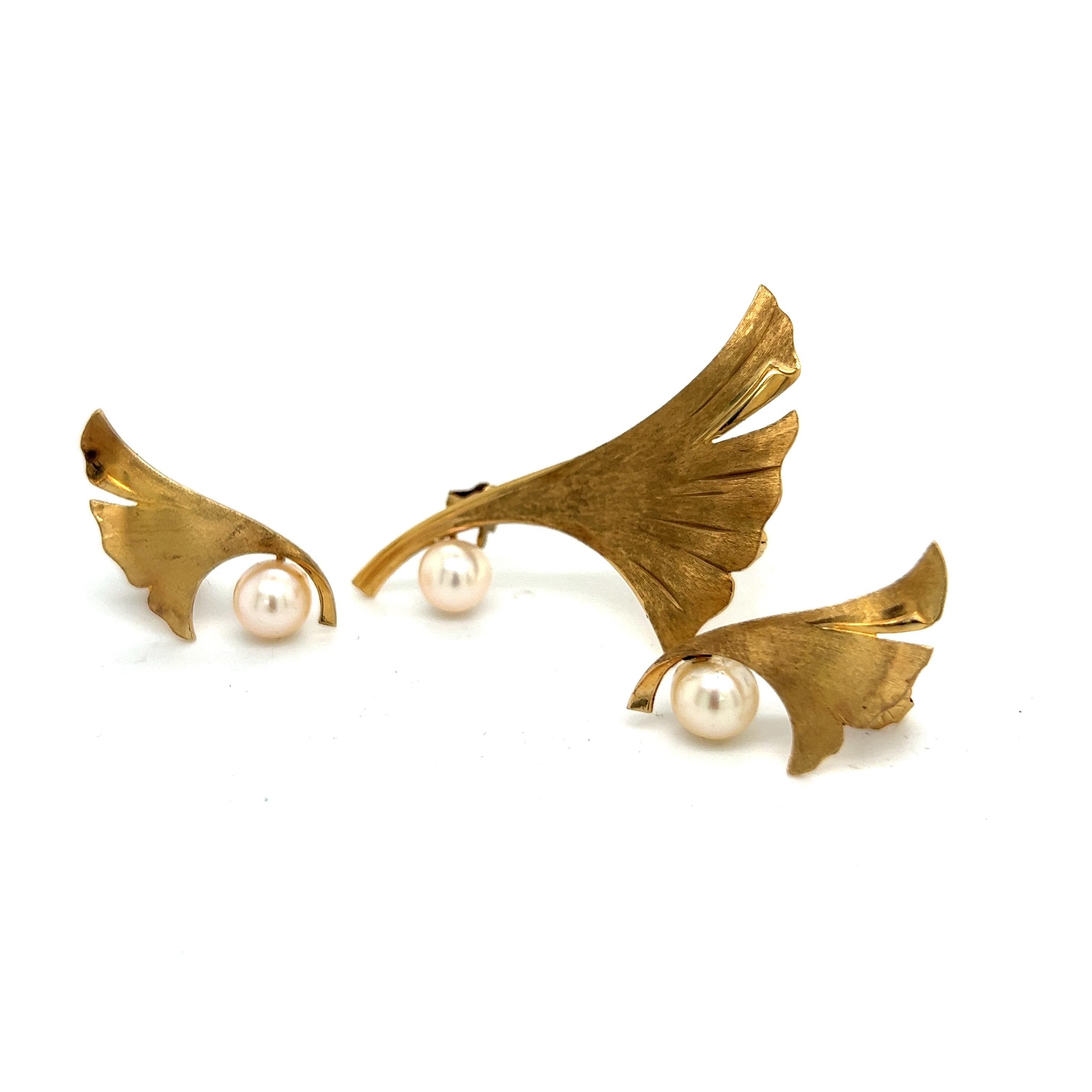 Mikimoto Estate Akoya Pearl Leaf Earrings + Brooch Pin Set 14k Gold 1