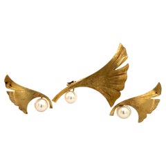 Mikimoto Estate Akoya Pearl Leaf Earrings + Brooch Pin Set 14k Gold