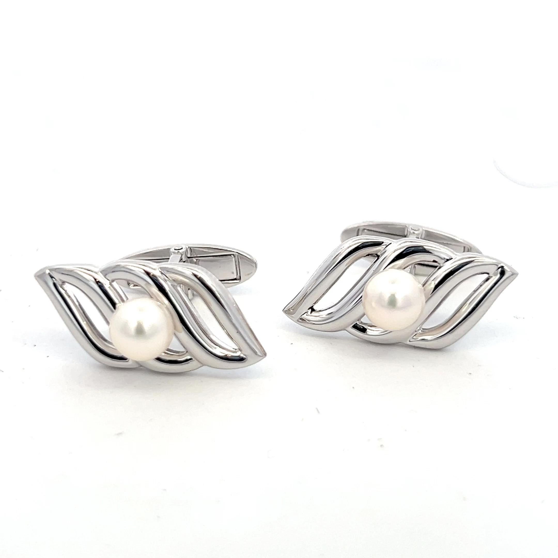Mikimoto Estate Akoya Pearl Mens Cufflinks 6 mm Silver For Sale 1