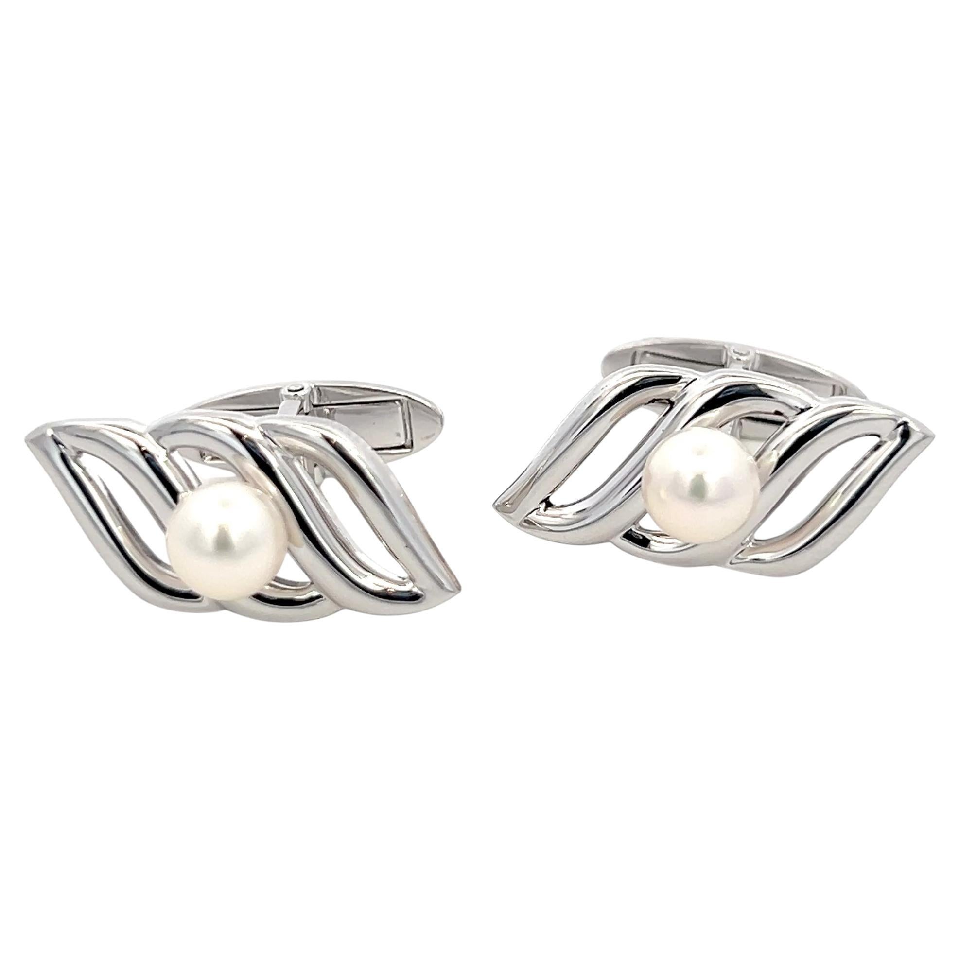 Mikimoto Estate Akoya Pearl Mens Cufflinks 6 mm Silver
