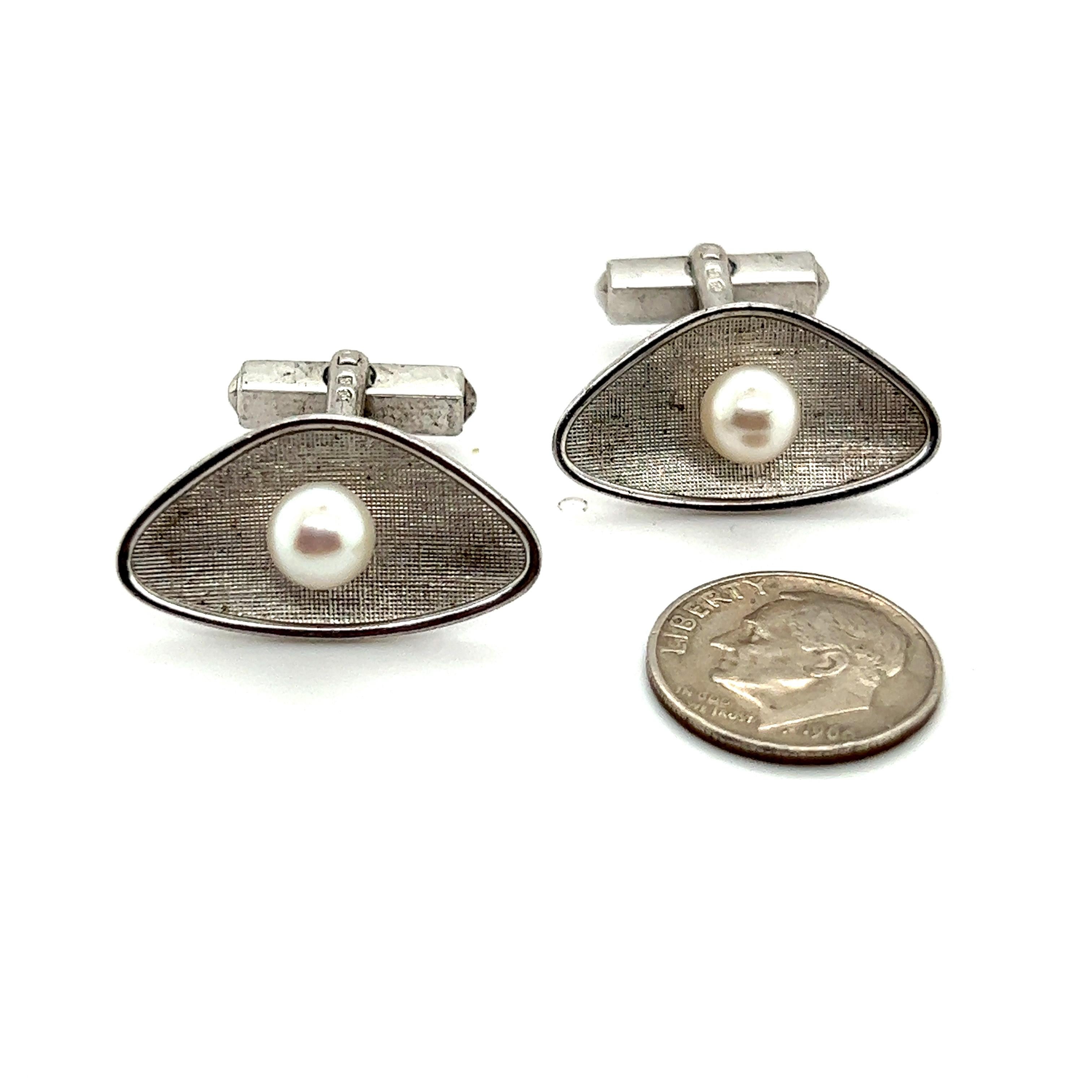 Ball Cut Mikimoto Estate Akoya Pearl Mens Cufflinks 6.5 mm Sterling Silver For Sale