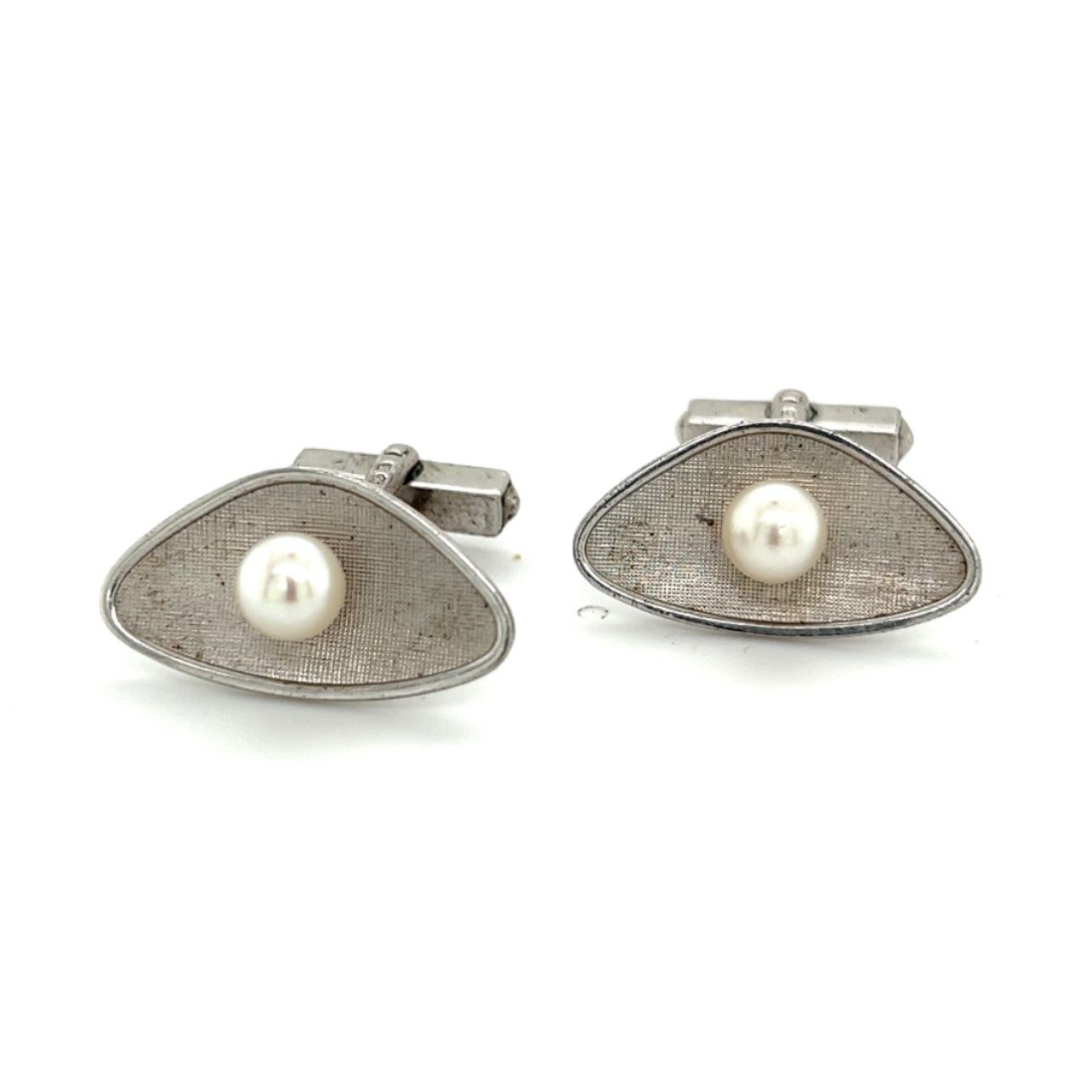 Mikimoto Estate Akoya Pearl Mens Cufflinks 6.5 mm Sterling Silver For Sale 2
