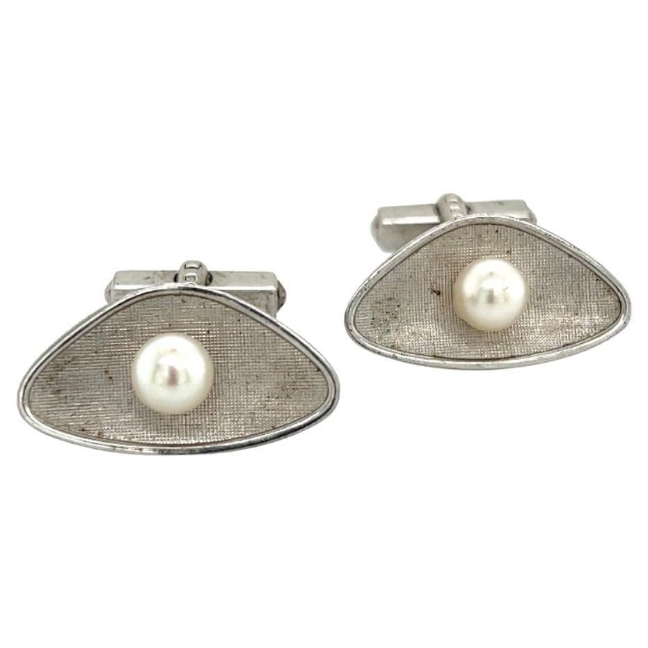 Mikimoto Estate Akoya Pearl Mens Cufflinks 6.5 mm Sterling Silver For Sale