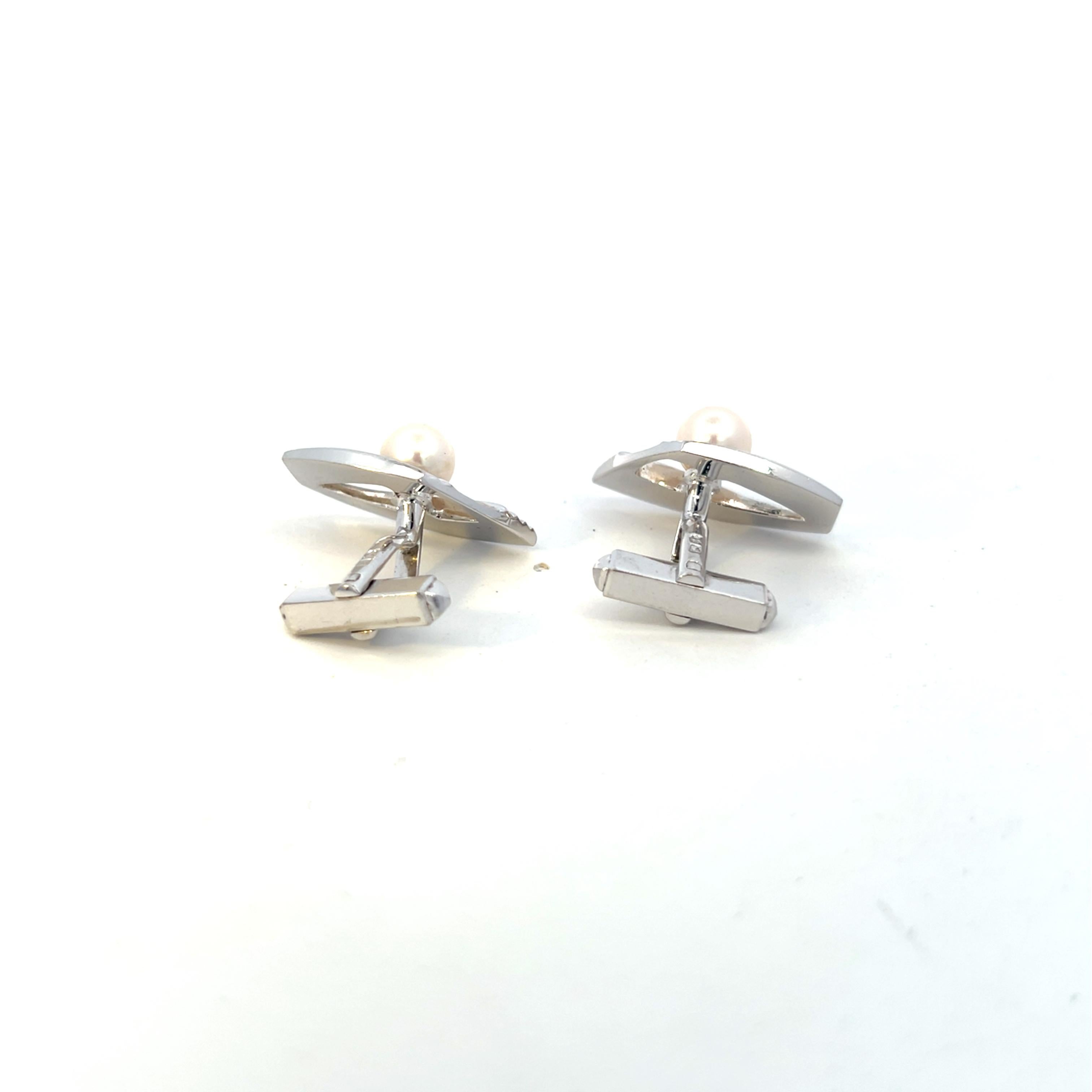 Round Cut Mikimoto Estate Akoya Pearl Mens Cufflinks 7 mm Silver For Sale
