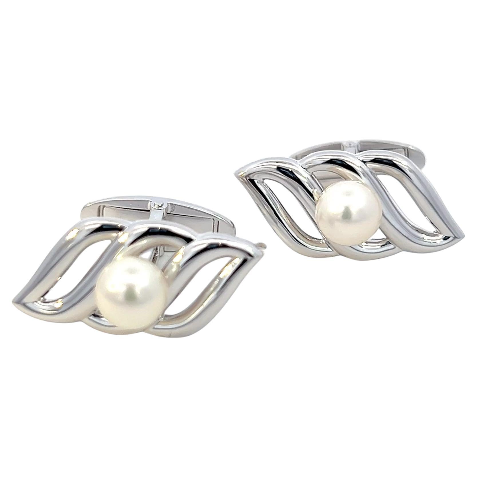Mikimoto Estate Akoya Pearl Mens Cufflinks 7 mm Silver