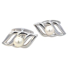 Mikimoto Estate Akoya Pearl Mens Cufflinks 7 mm Silver