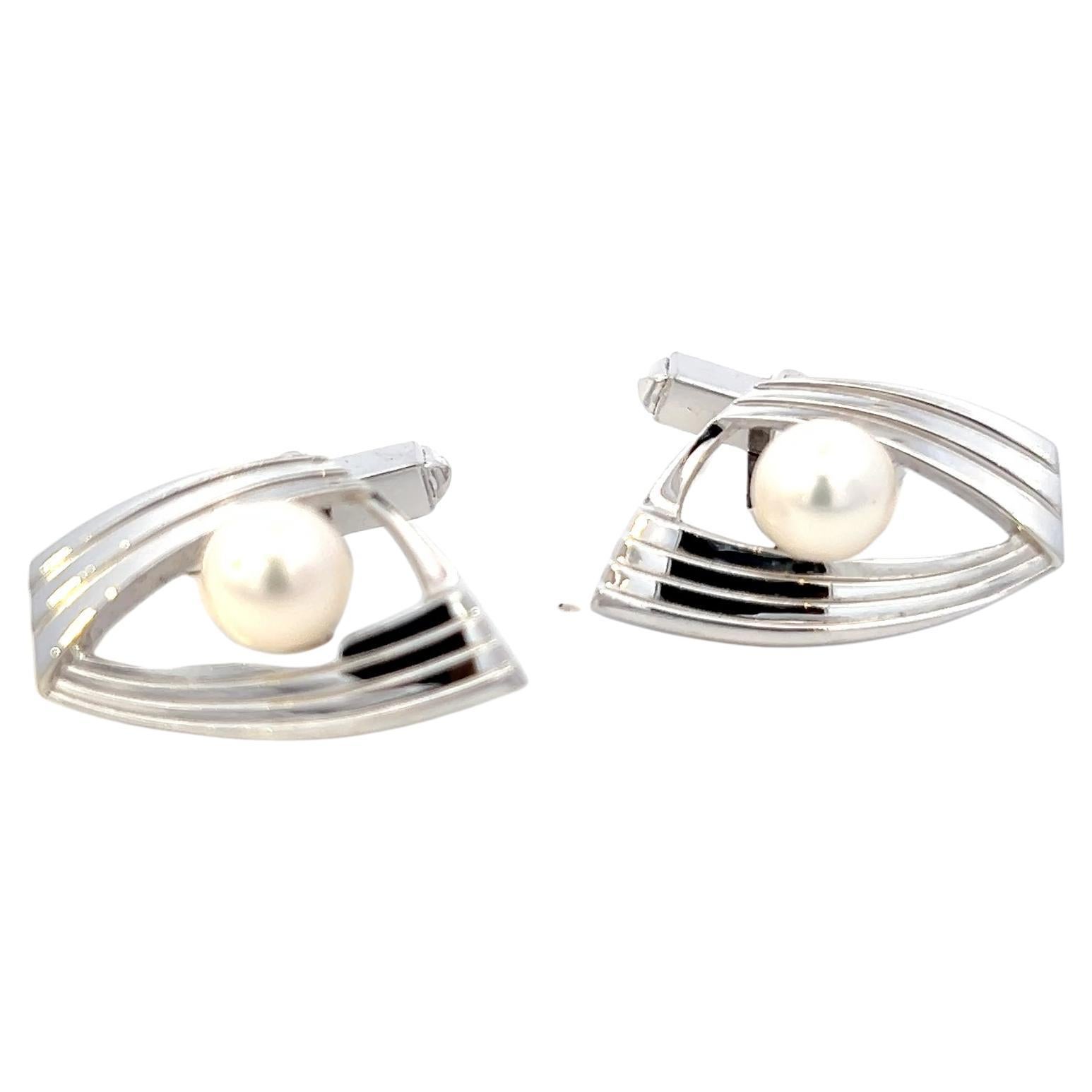 Mikimoto Estate Akoya Pearl Mens Cufflinks 7 mm Silver