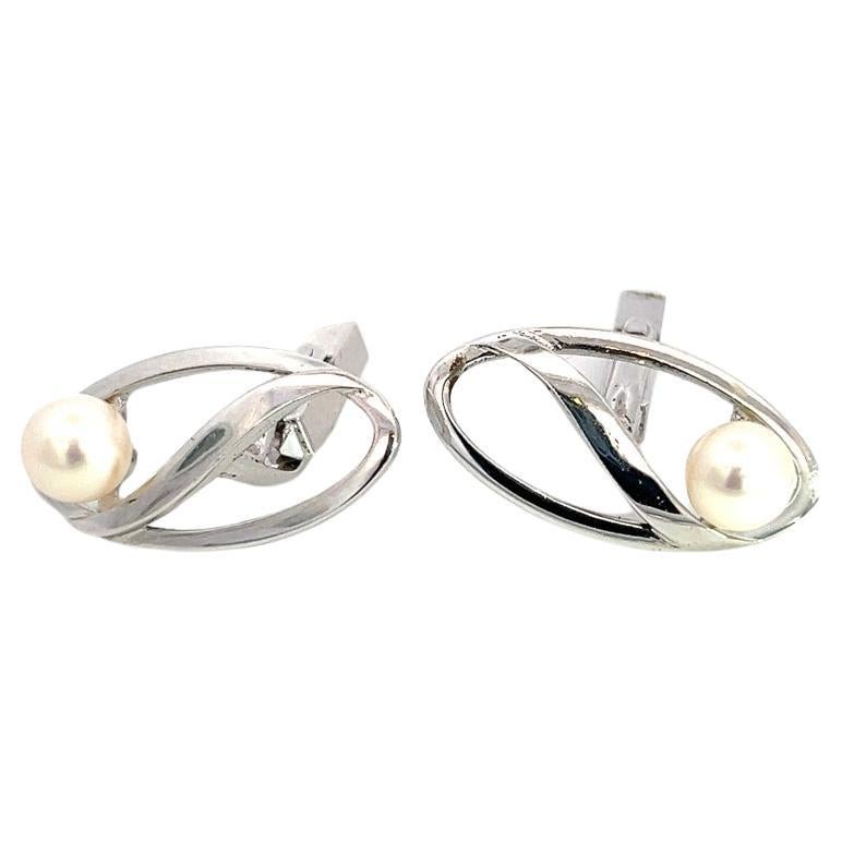Mikimoto Estate Akoya Pearl Mens Cufflinks Sterling Silver 6.7 mm