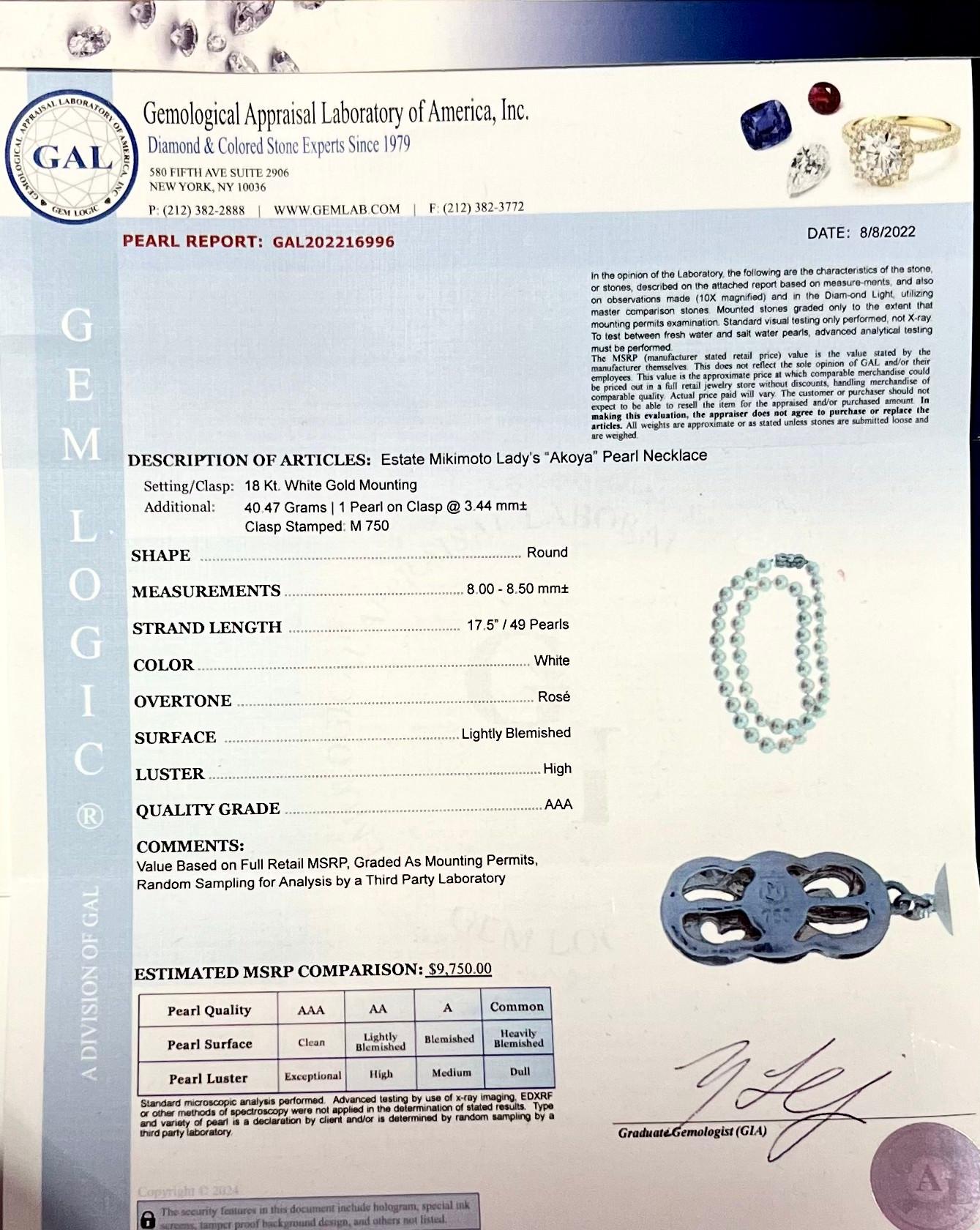 Mikimoto Estate Akoya Pearl Necklace 17.5