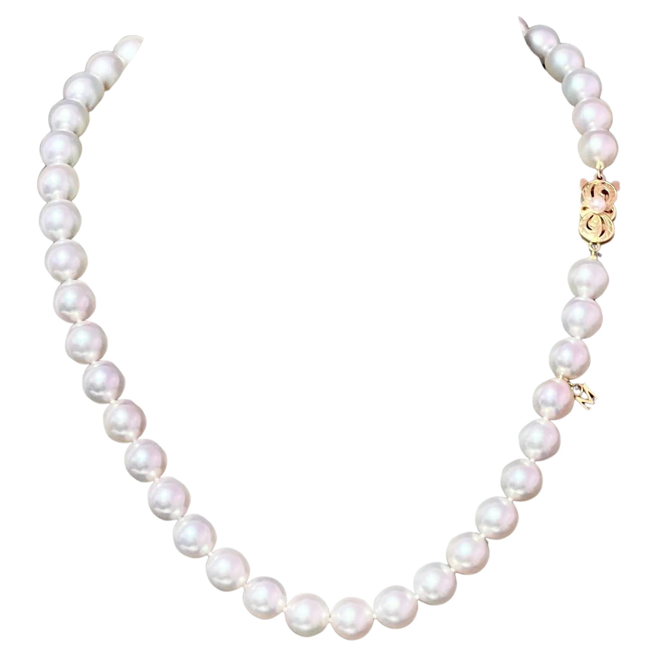 Mikimoto Estate Akoya Pearl Necklace 17.5" 18k Y Gold 9.5 mm Certified  For Sale
