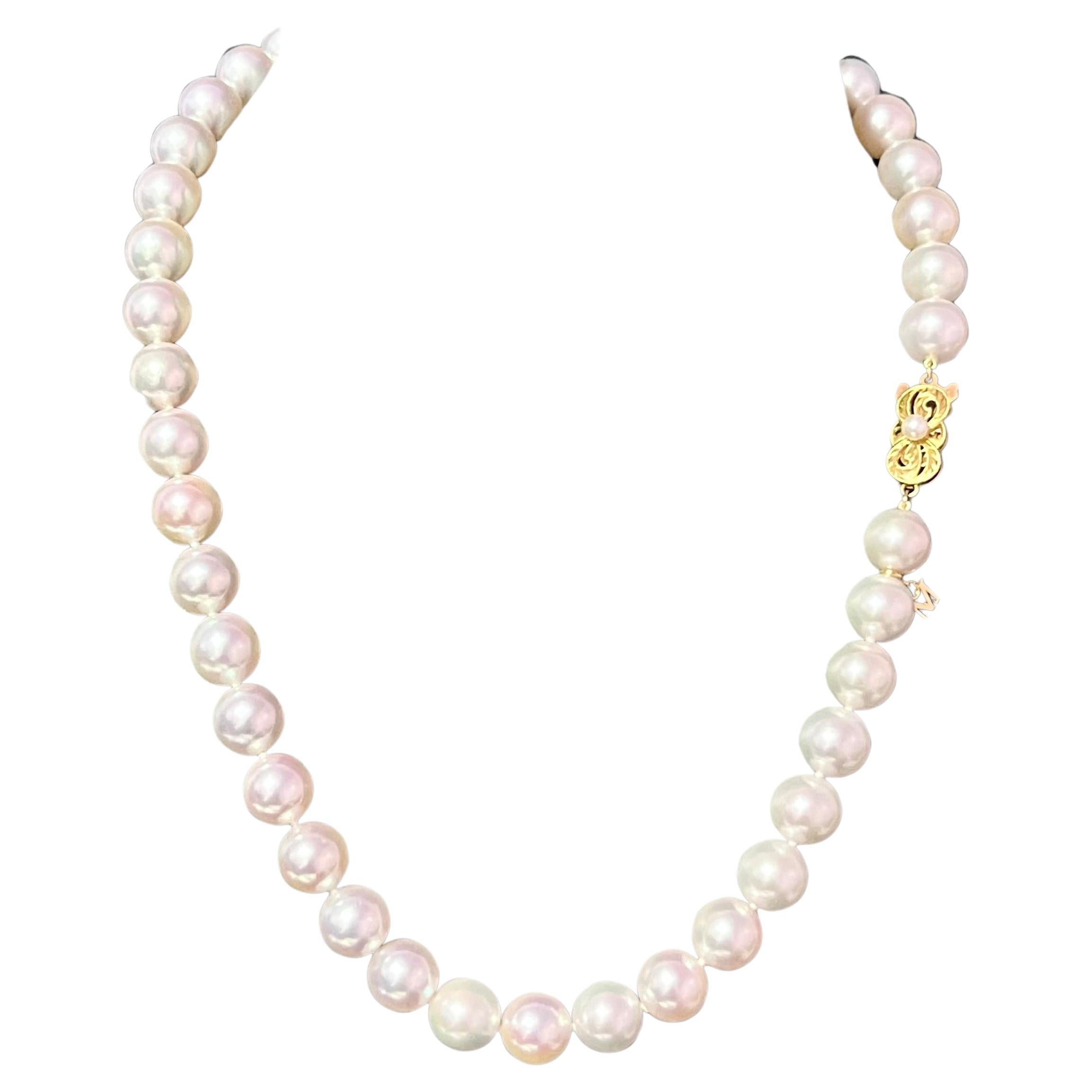 Mikimoto Estate Akoya Pearl Necklace 18" 18k Y Gold 10 mm Certified For Sale