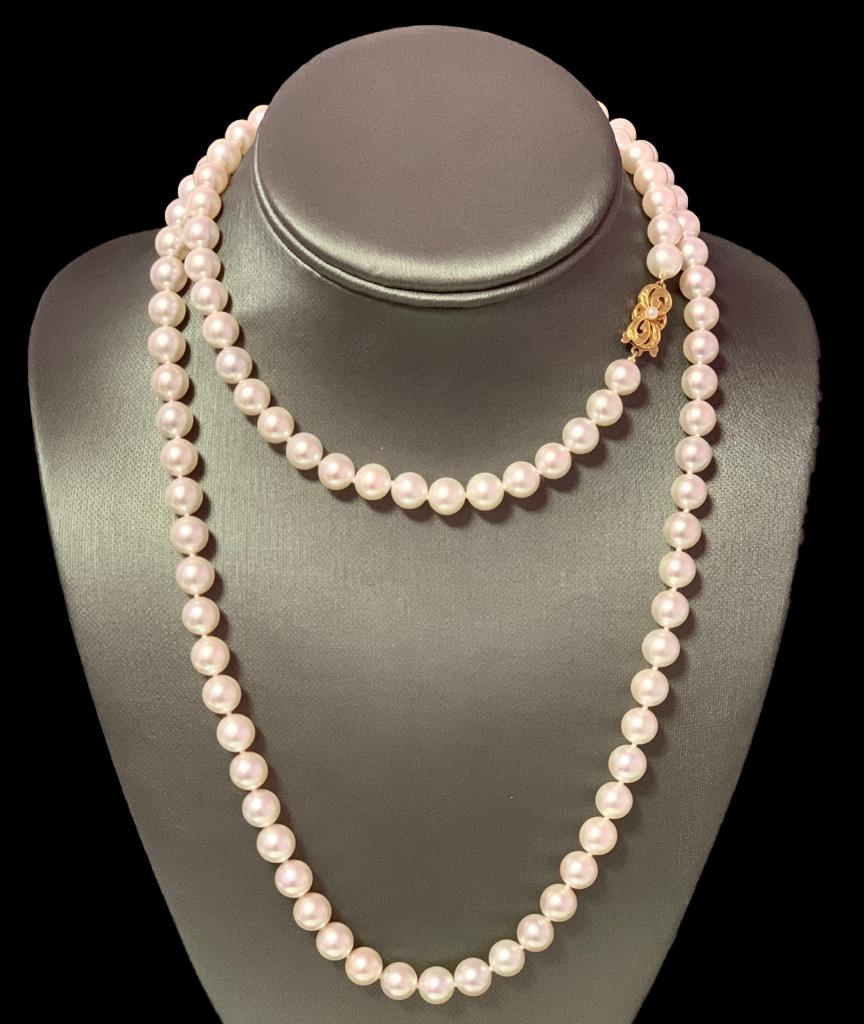Round Cut Mikimoto Estate Akoya Pearl Necklace 18 Karat Yellow Gold 36 IN Certified
