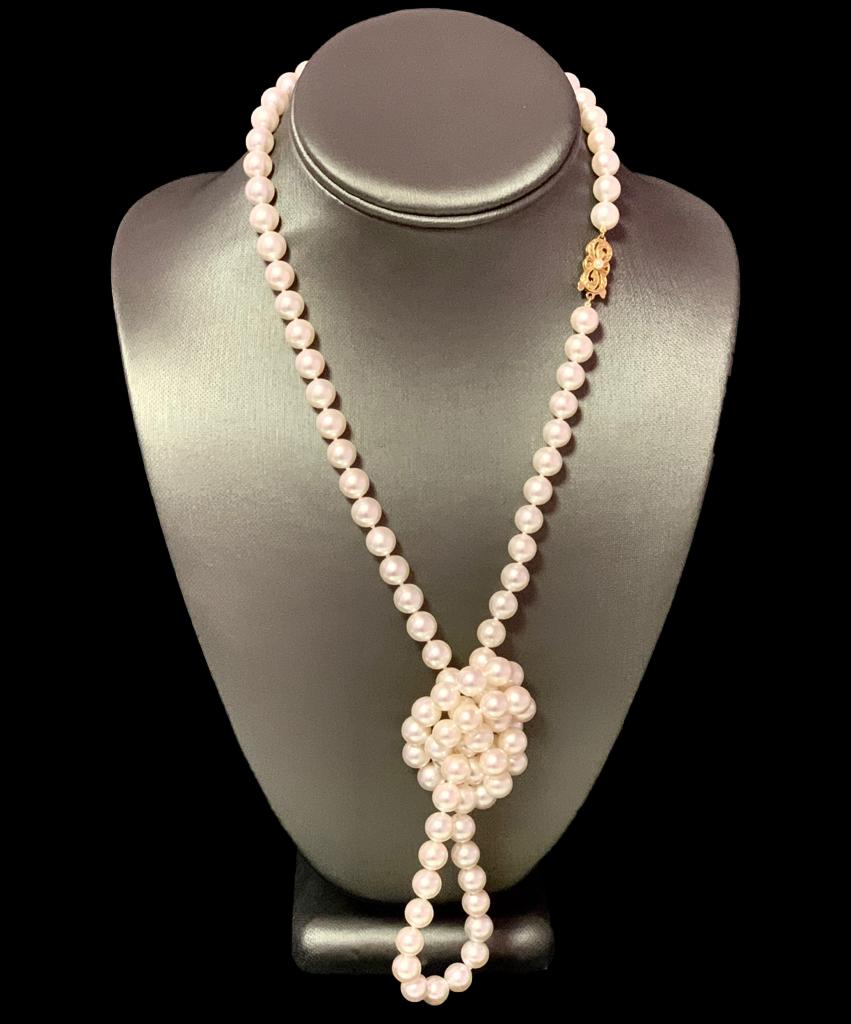 Women's Mikimoto Estate Akoya Pearl Necklace 18 Karat Yellow Gold 36 IN Certified
