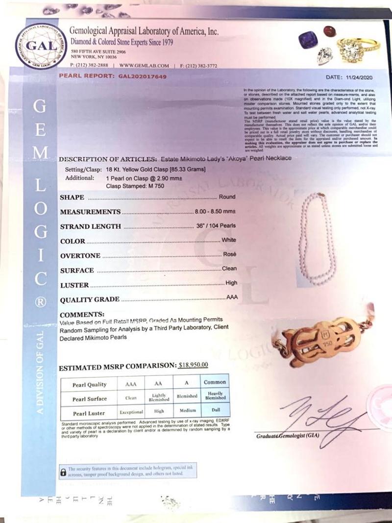 Mikimoto Estate Akoya Pearl Necklace 18 Karat Yellow Gold 36 IN Certified 4