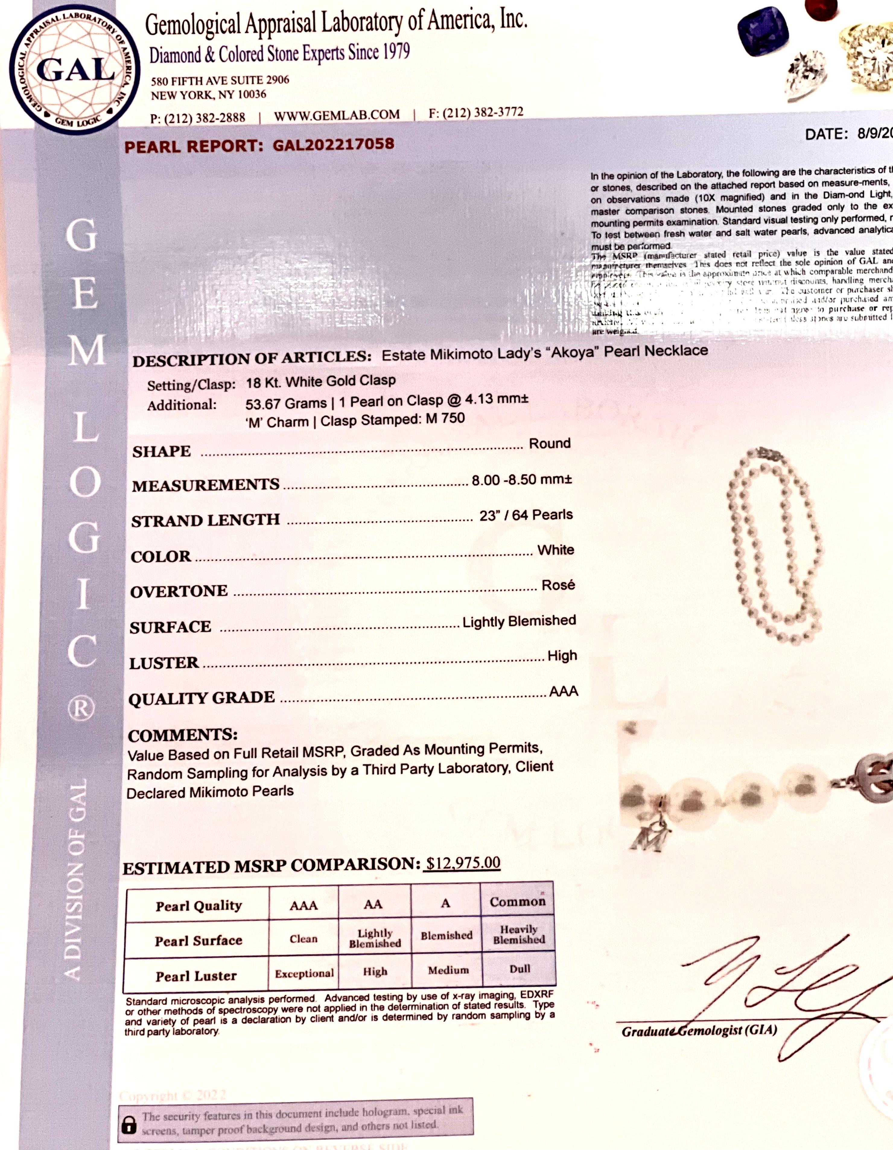 Mikimoto Estate Akoya Pearl Necklace 18k White Gold Certified 7