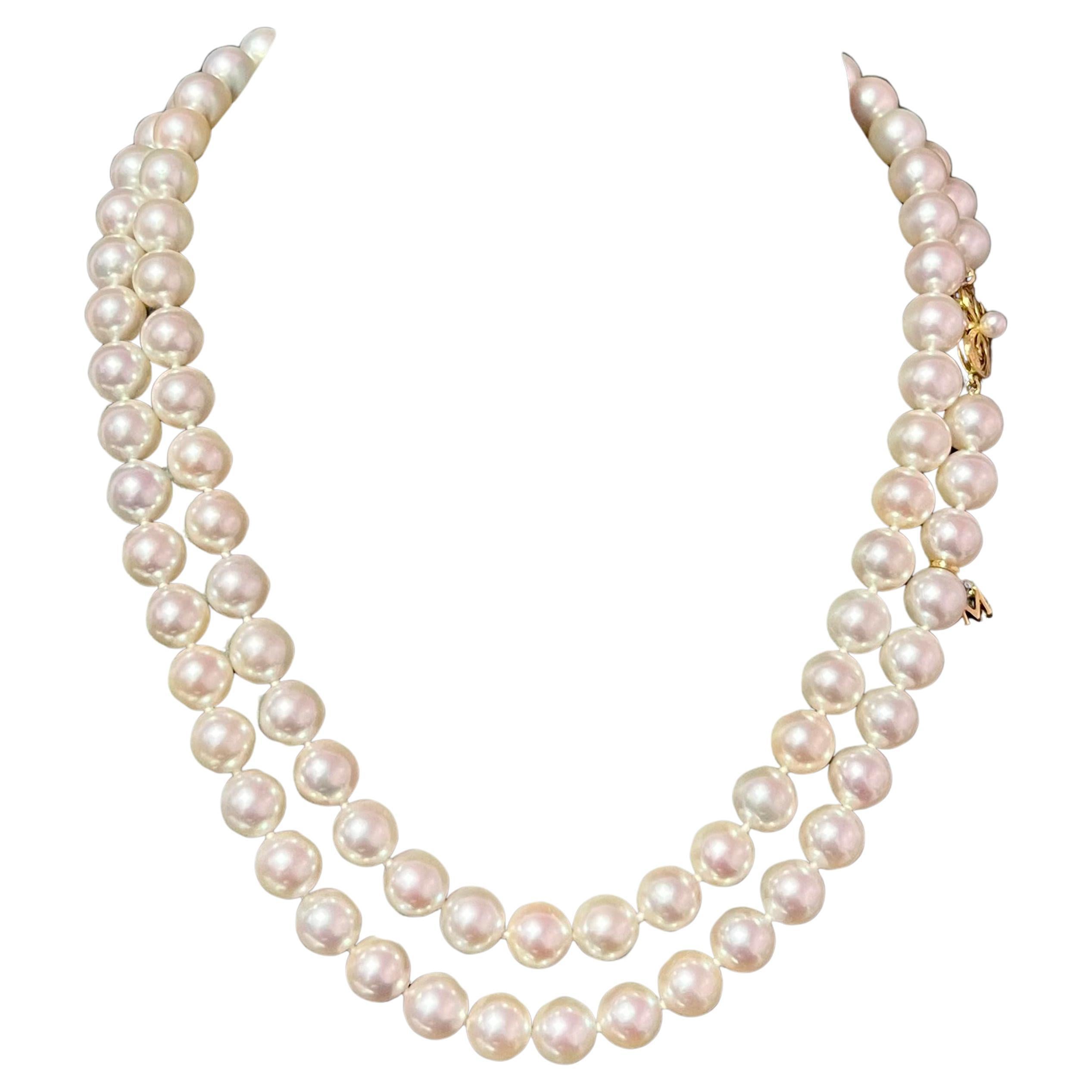 Mikimoto Estate Akoya Pearl Necklace 36" 14k Y Gold 9 mm Certified For Sale